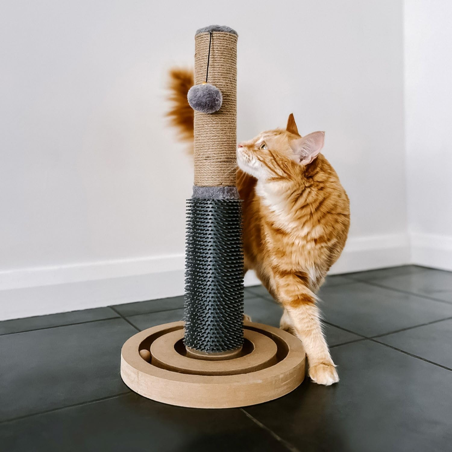 Cattitude Cat Scratch Post Soother, Wood, 54Cm Height - Scratching Post, Massage Brush, Hanging Pom Poms
