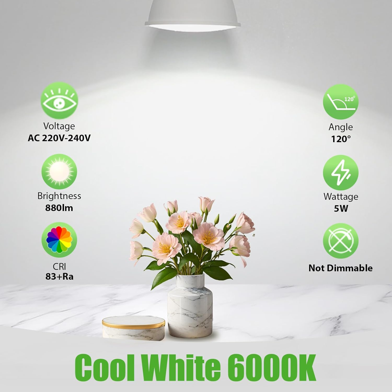 CQTLED GU10 LED Cool White Bulbs, 6000 K, 5 W, 880 Lumen, 50 W/60 W Halogen Replacement, Non-Dimmable, Energy Saving Bulb, Pack of 5 image number 2