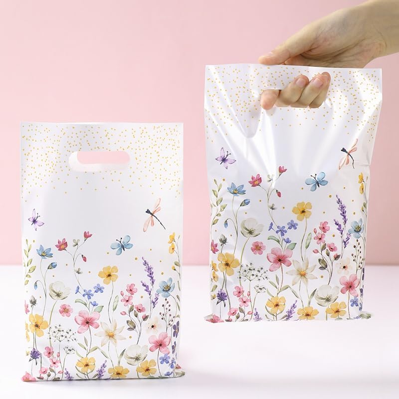 YJSPARKK 50 PCS Party Favor Bags,Goodie Candy Bags with Handles,Flower Pattern Plastic Small Gift Bag Bulk for Birthday,Baby Shower, Wedding, Thanksgiving,Christmas, New Years image number 2