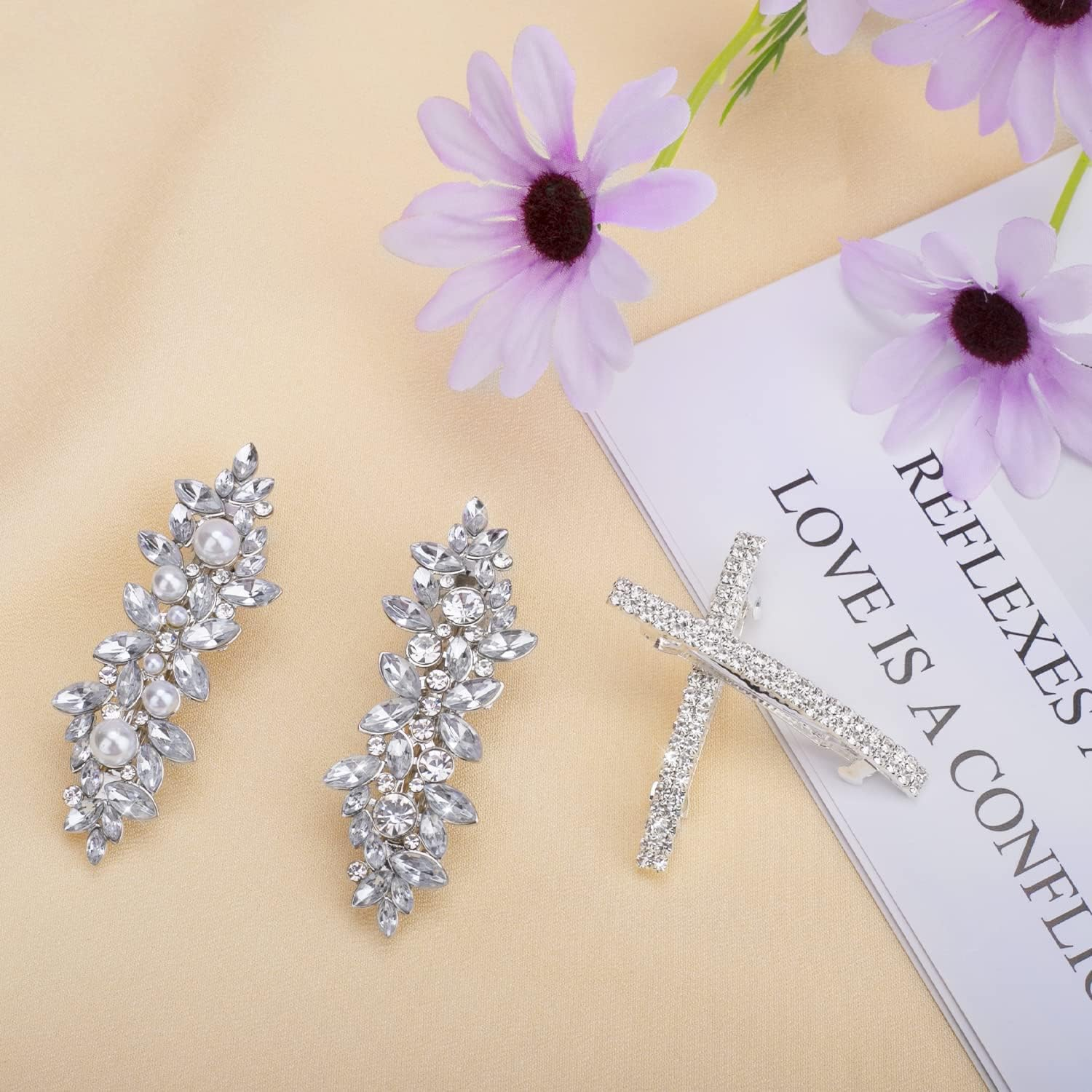 Hair Barrettes, 4 Pcs Rhinestone Hair Clips for Women - Hair Clip Barrettes with Rhinestones Crystal & Metal Alloy, Flower Hairpins for Women - Hair Accessories for Wedding, Party, Everyday image number 5