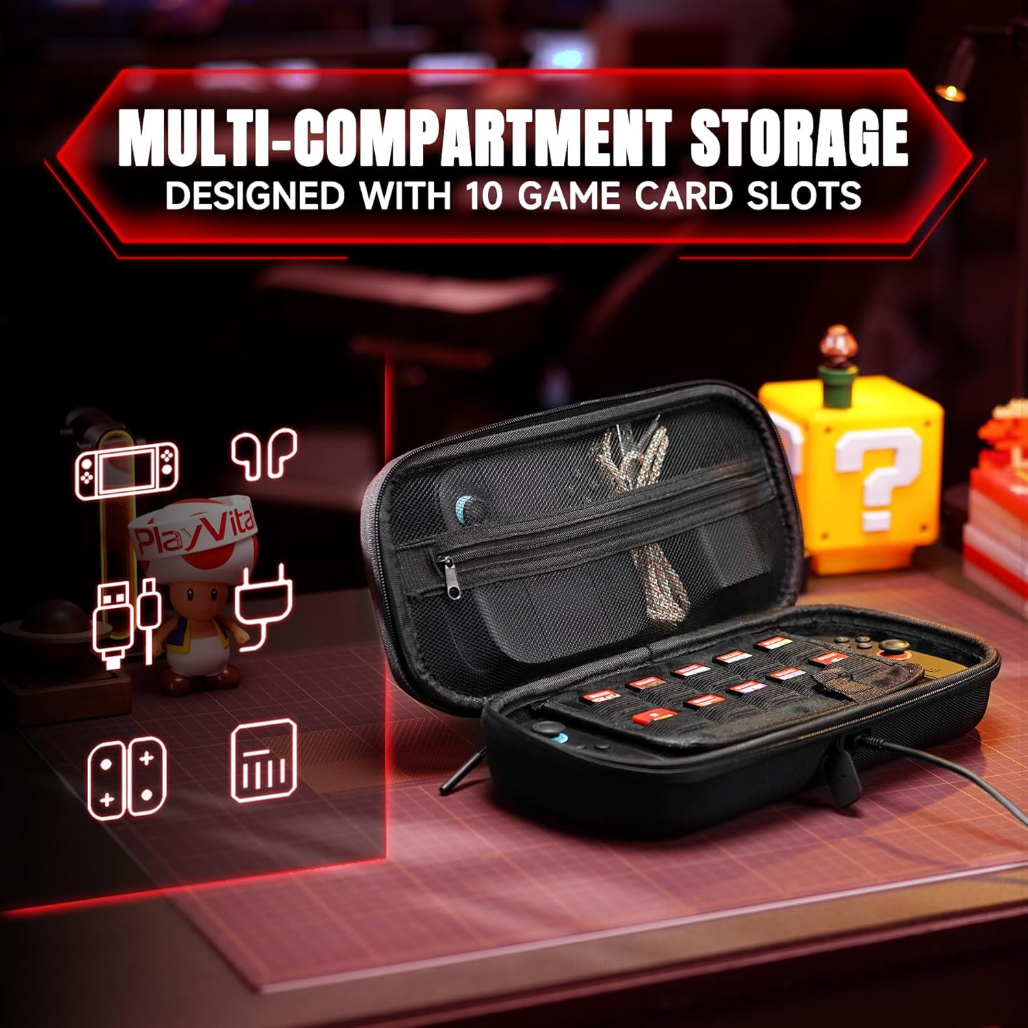 Playvital Carrying Case for Nintendo Switch 2 with Silicone Charging Port, Portable Travel Case with 10 Game Card Slots, Shockproof Protective Hard Shell for Switch 2 Accessories Storage &ndash; Black image number 5