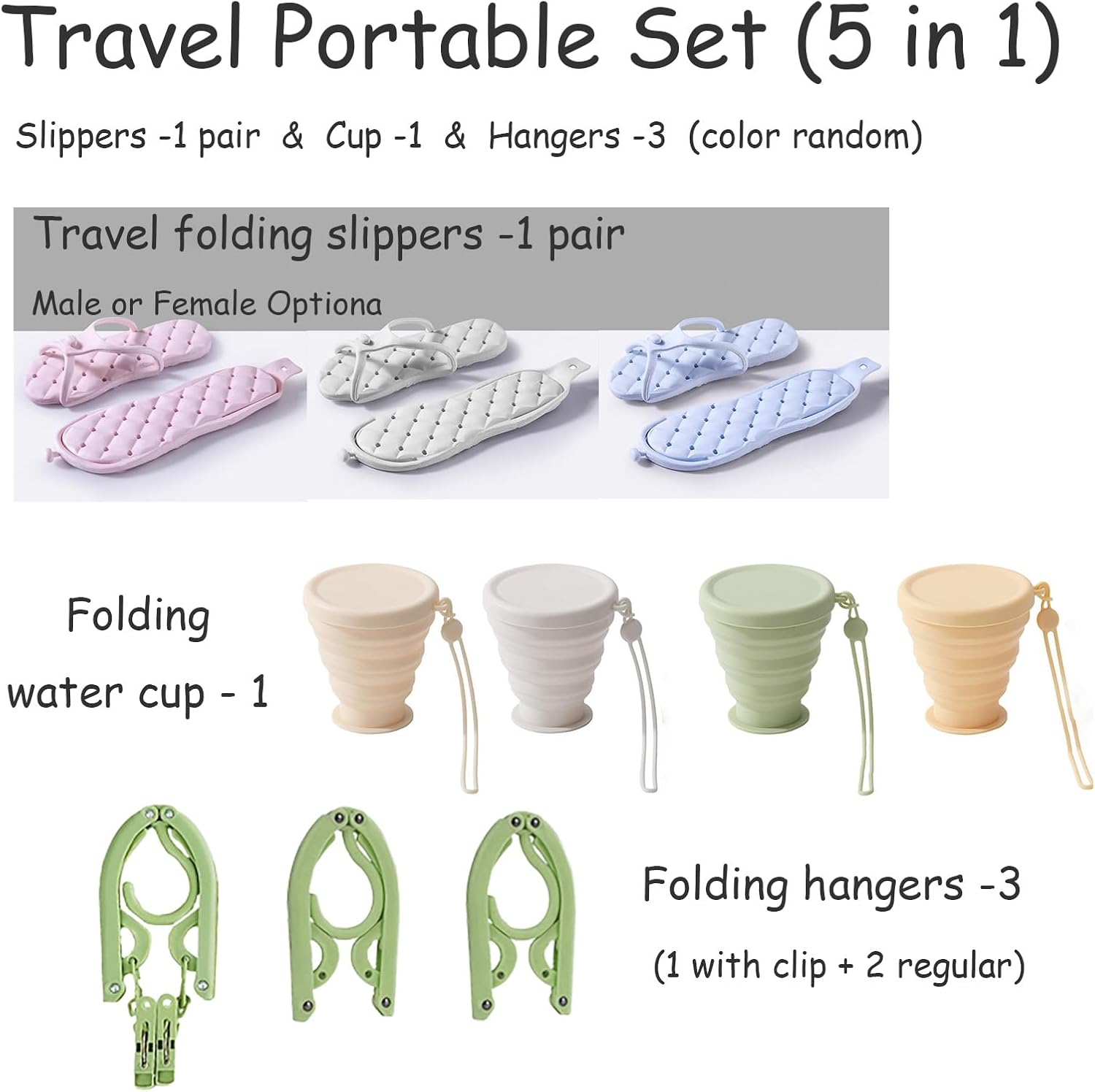YFBXIZHOU Travel Portable Folding Set(5 in 1)-1 Pair Shower Shoes Slippers for Women or Men&1 PCS Silicone Cups with Sealing Lid&3 PCS Clothes Hangers Reusable for Picnic Camping Outdoor Hiking (L) image number 4