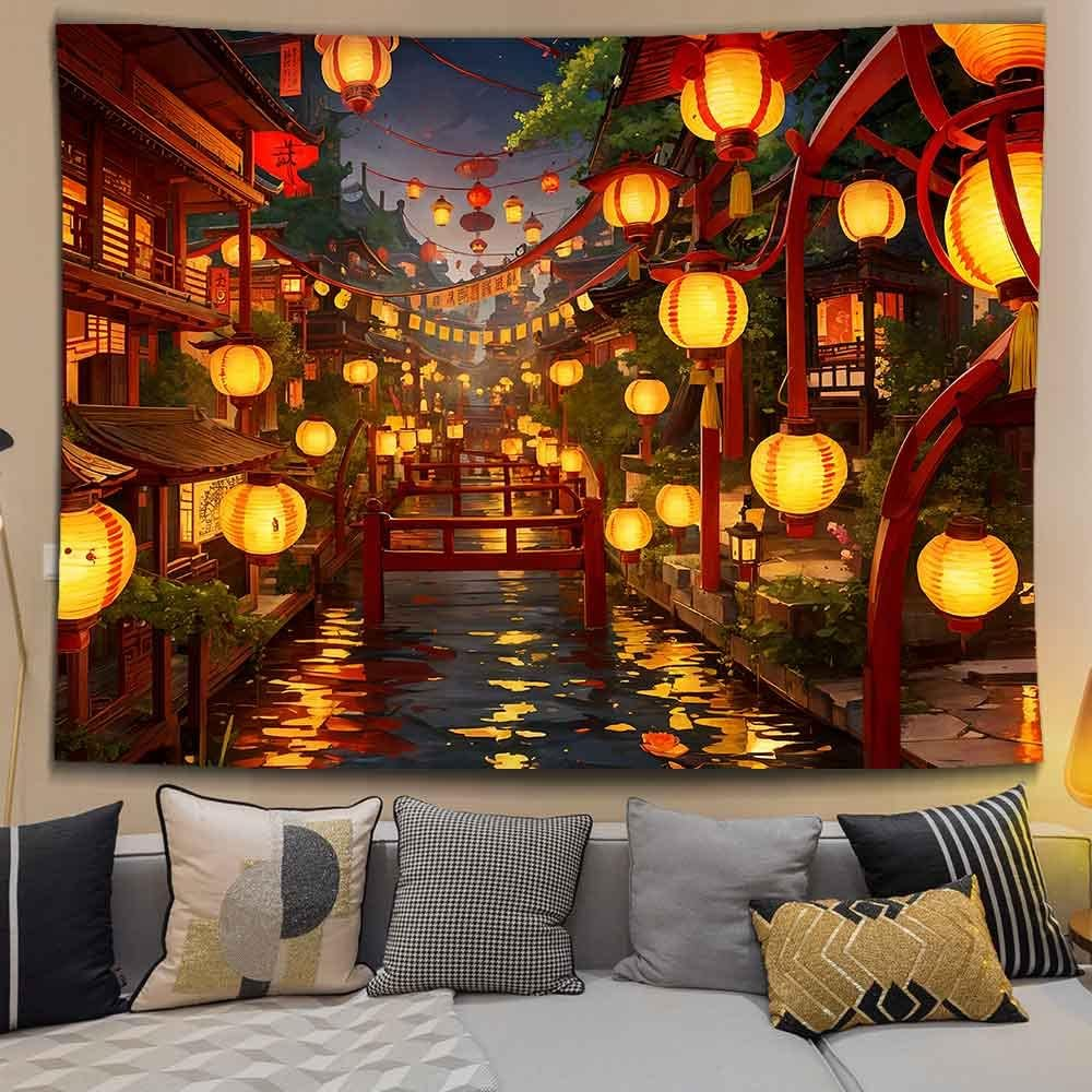 Ine Ive Japanese Tapestry Wall Hanging 80X60 Inches Japan Streets Filled with Lanterns Tapestry for Bedroom Living Room Dorm Decor image number 4