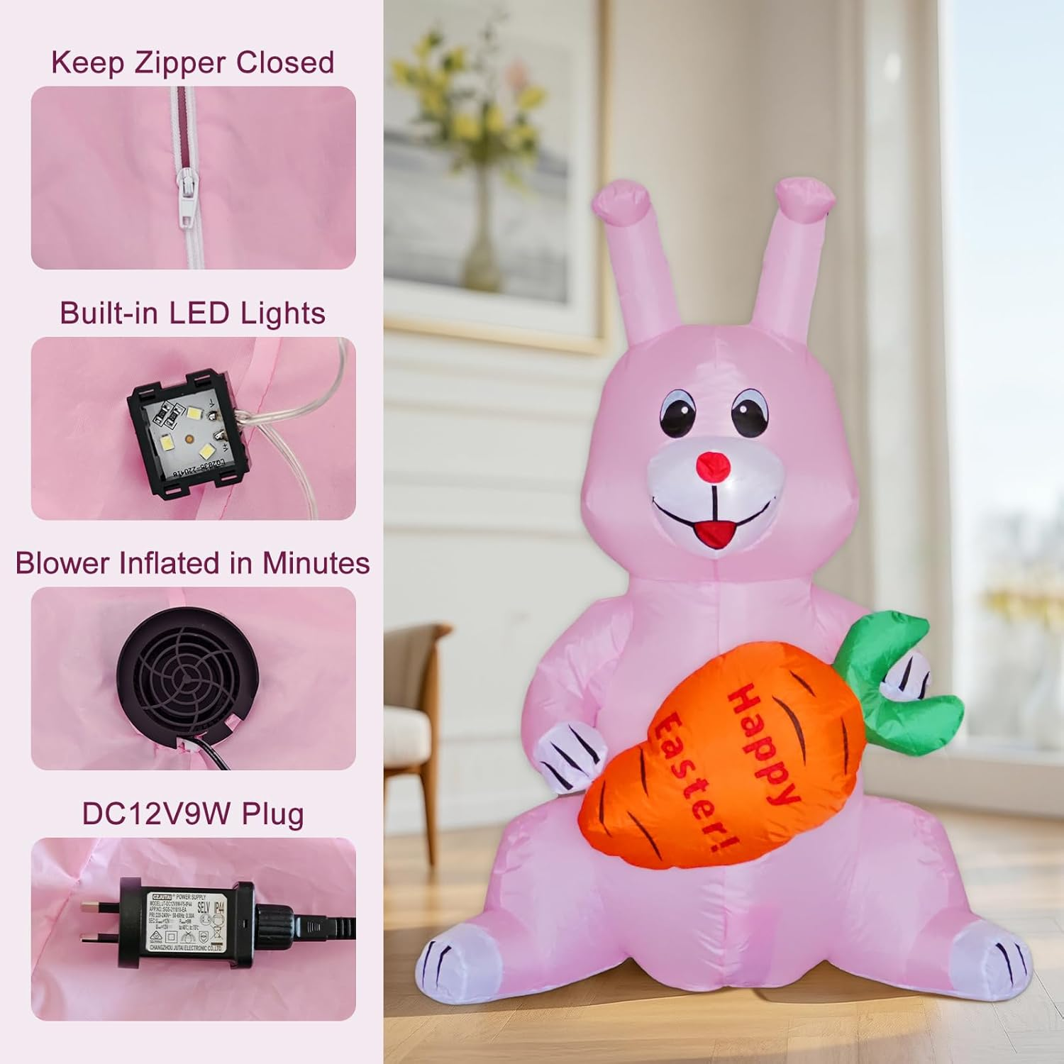 ONEIN 125CM Easter Bunny Inflatables Outdoor Decorations with Built-In LED Light, Blow up Sitting Rabbit Holds a Carrot for Yard Garden Lawn Decor image number 2