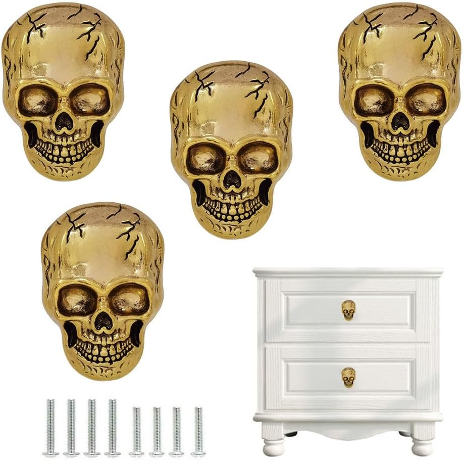 Gold Skull Drawer Knobs Pulls,Unique Skull Cabinets Knob Covers Decorative, Single Hole Metal Pull Handle for Dresser Closets Hardware Furniture Halloween Skull Kitchen Accessories (Antique Gold) image number 5