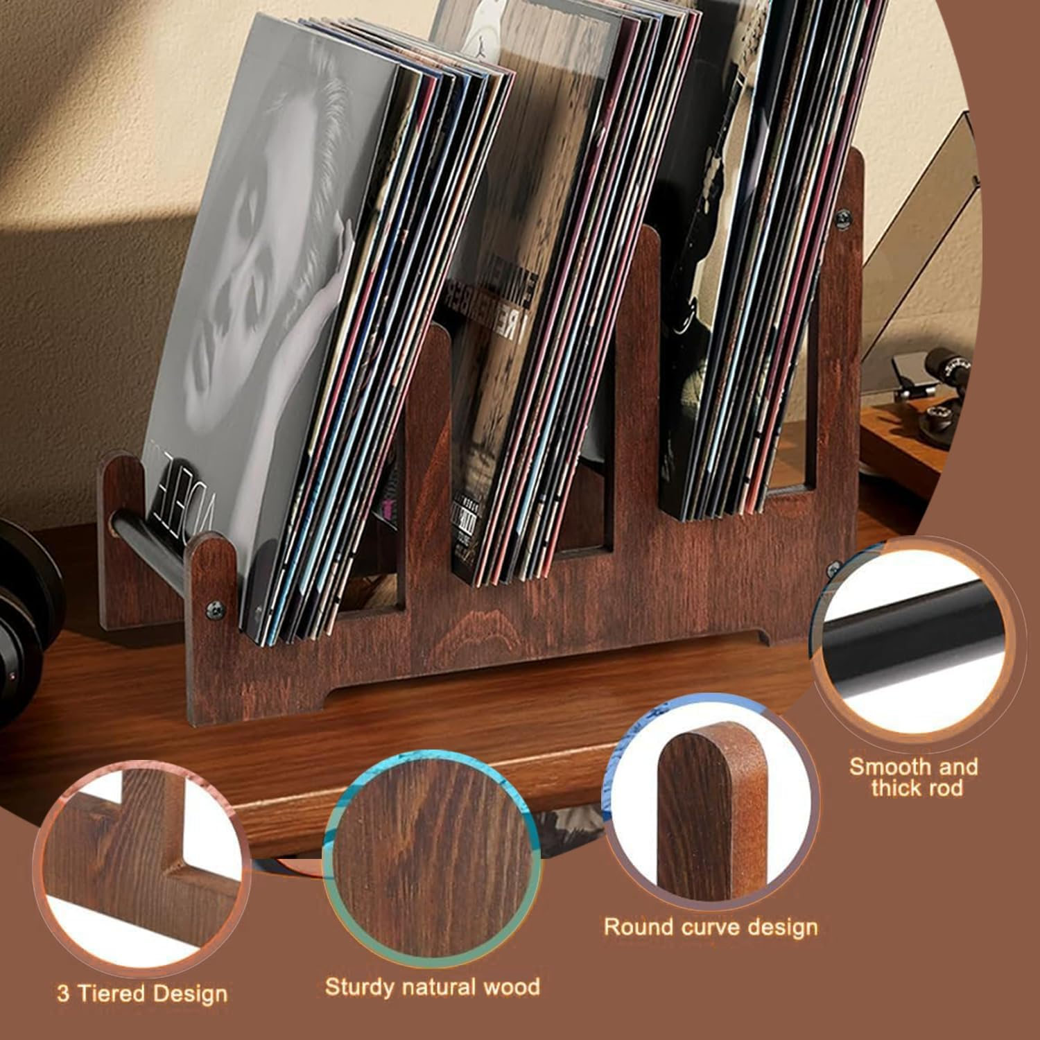 Record Holder - 3-Tier Vinyl Record Storage, Holds up to 60 Albums, Wooden Record Stand, Stylish Display & Organizer for Lps, Album Storage Rack for Collectors
