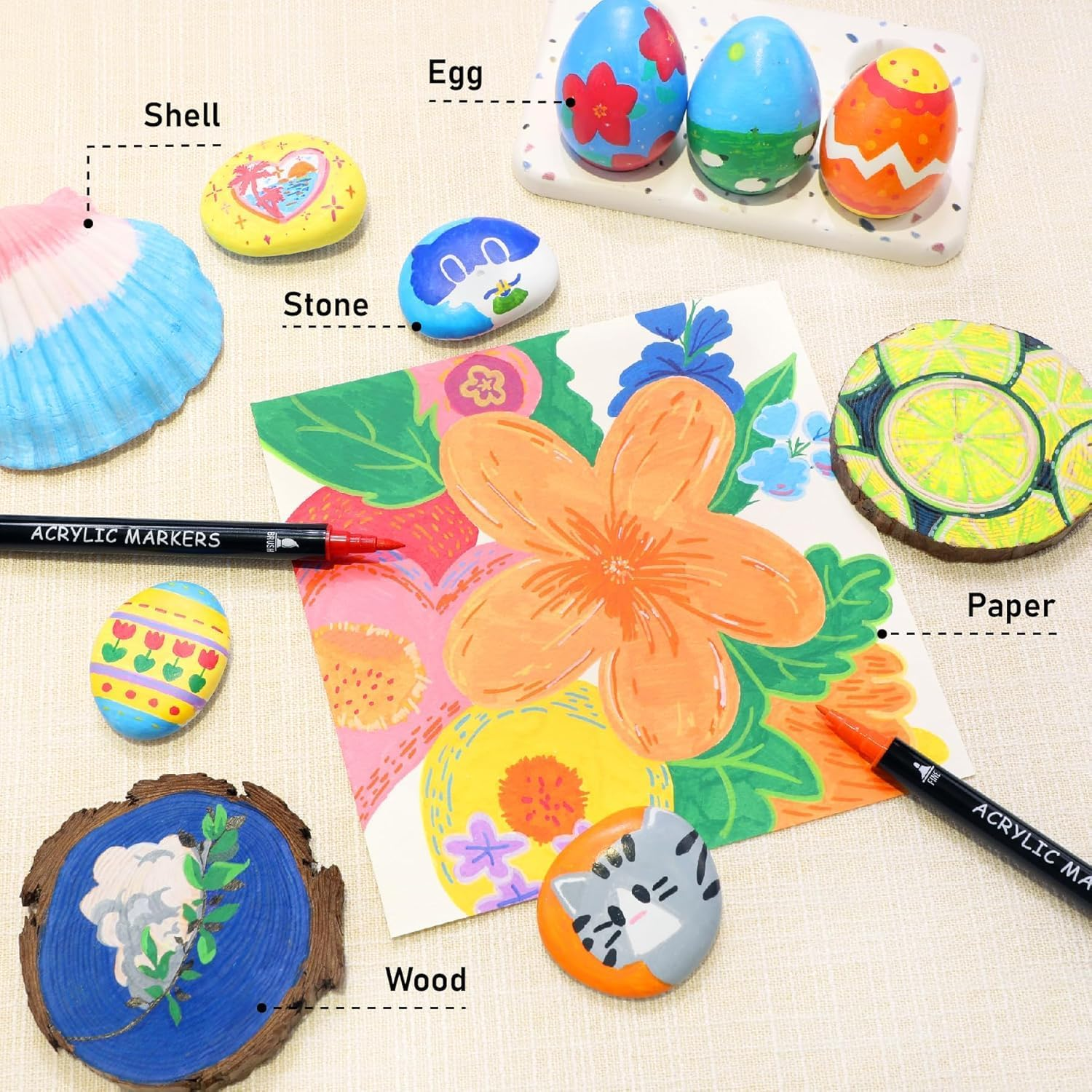 48 Color Acrylic Marker Pen for Painting, Ceramics, Wood, Plastic, Calligraphy, Scrapbook, Brush Engraving, Business Card Printing, DIY Crafts, Double Pointed Dual Color Rock Art Marker Pen. 24Pack