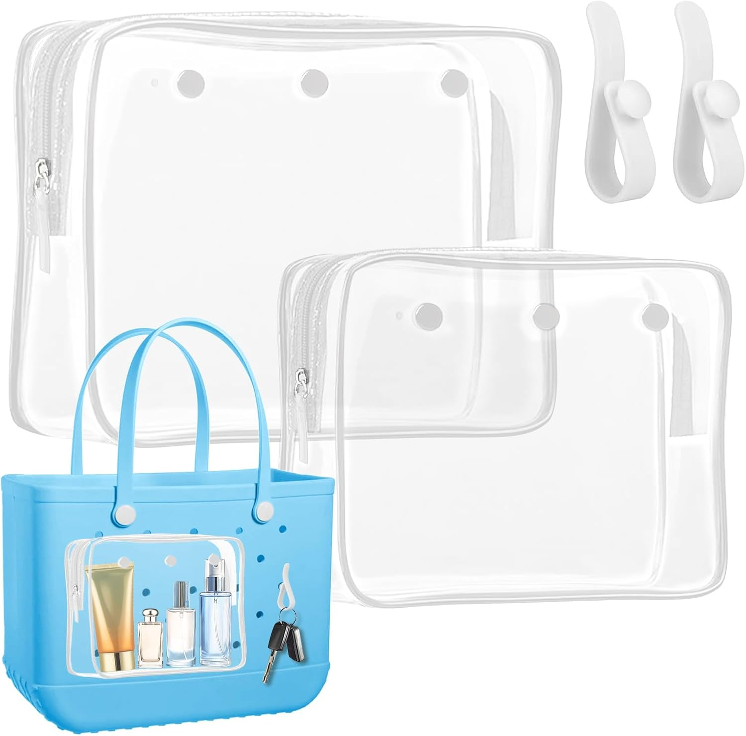 2 Pack Clear Inner Pouch Tote Bag with 2 Insert Hooks for Bogg Bag, Divider Storage for Travel Cosmetic Makeup Clean Organizer, White, Modern