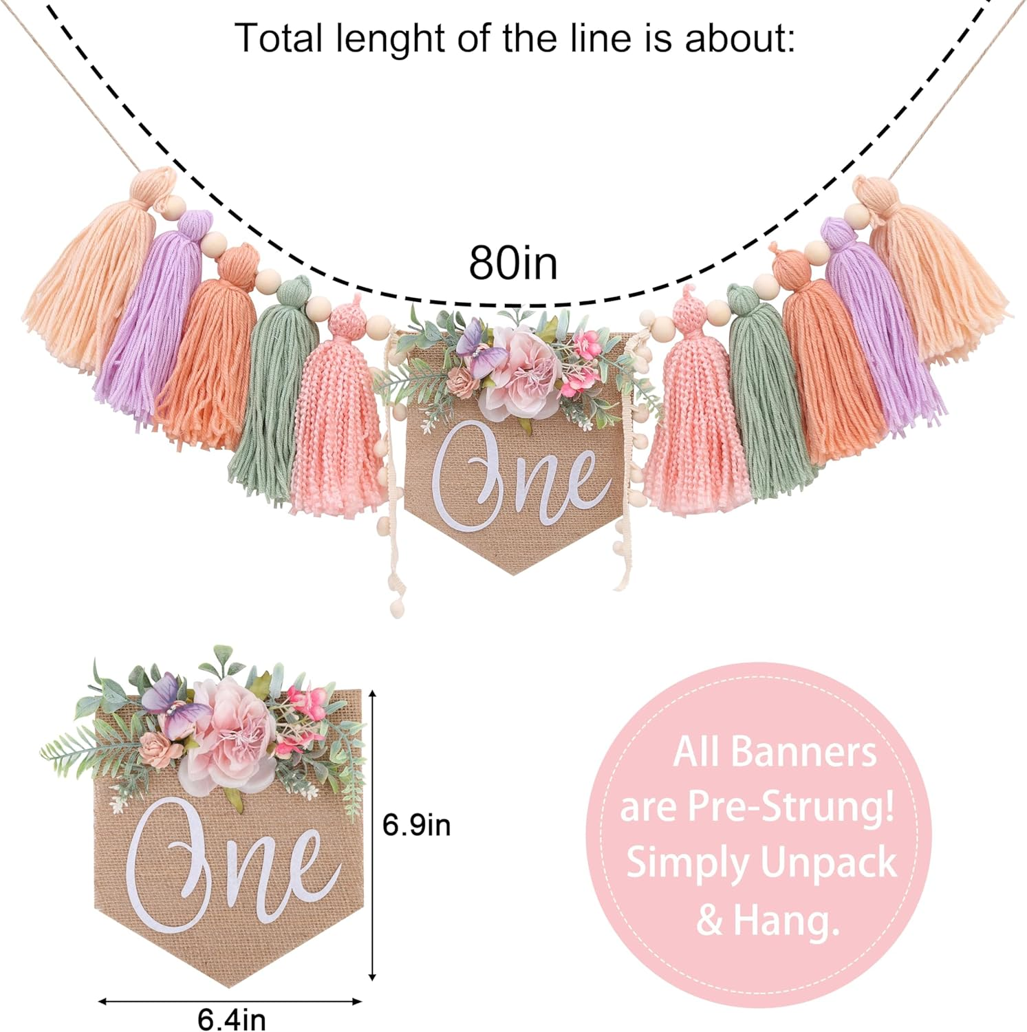 Wildflower 1St Birthday High Chair Banner - Bohemian Birthday Party Decoration, Flower Theme Party Tassel, Flower High Chair Wreath, Daisy Cake Crush Background image number 1