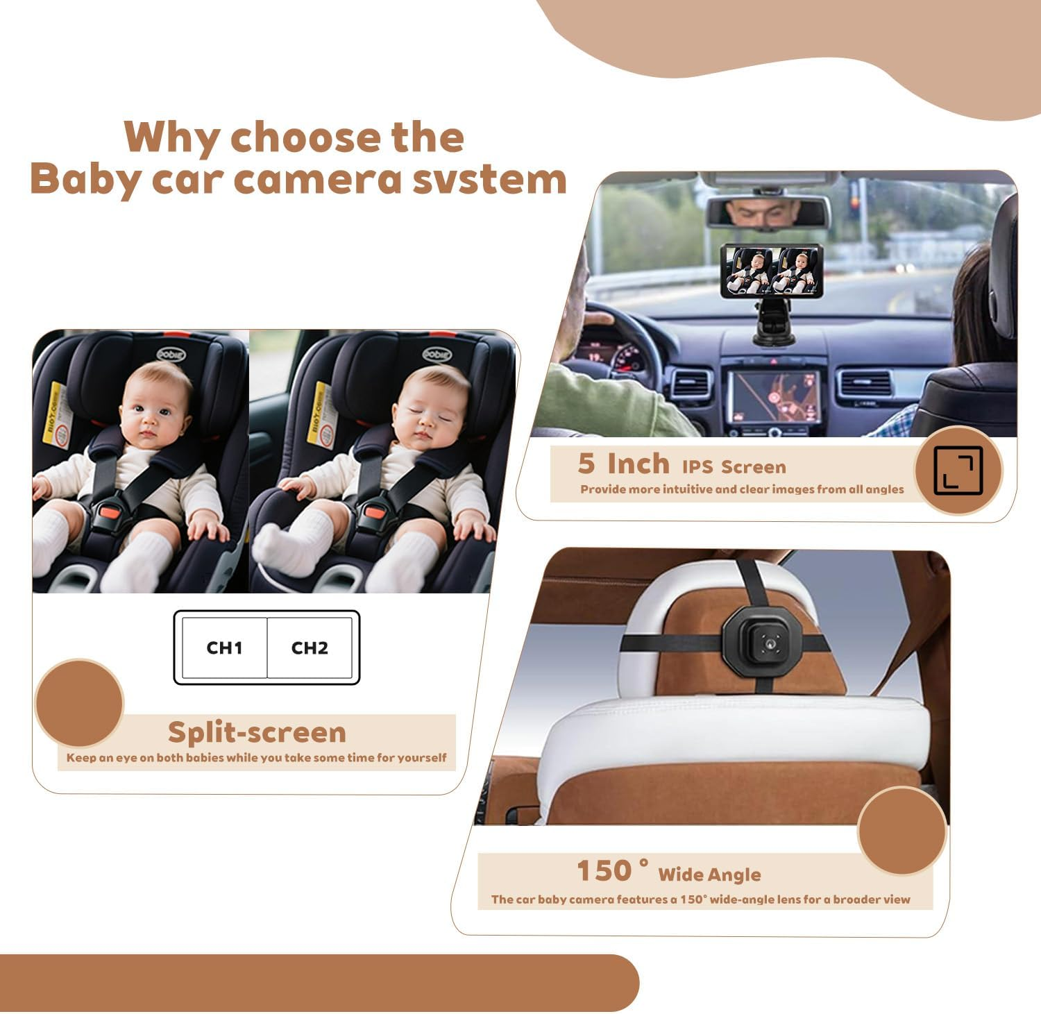Baby Car Camera, Baby Car Mirror, 5" HD 1080P, Dual Channel with 360 &deg;Rotation Night Vision Baby Monitor with Camera, Rear Facing 5 Mins Easy Installation image number 6