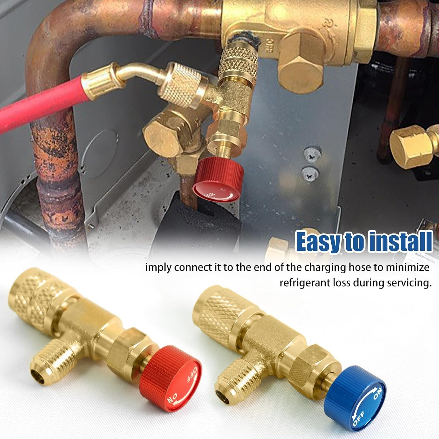 SILHOL Refrigerant Charging Valve 2 Pieces, Red R22 R410-1/4 Male to 5/16Inch Female, Blue R22-1/4 Male to 1/4Inch Female, Safety Adapter Flow Control Ball Valve for R22 R410 Air Conditioner Manifold