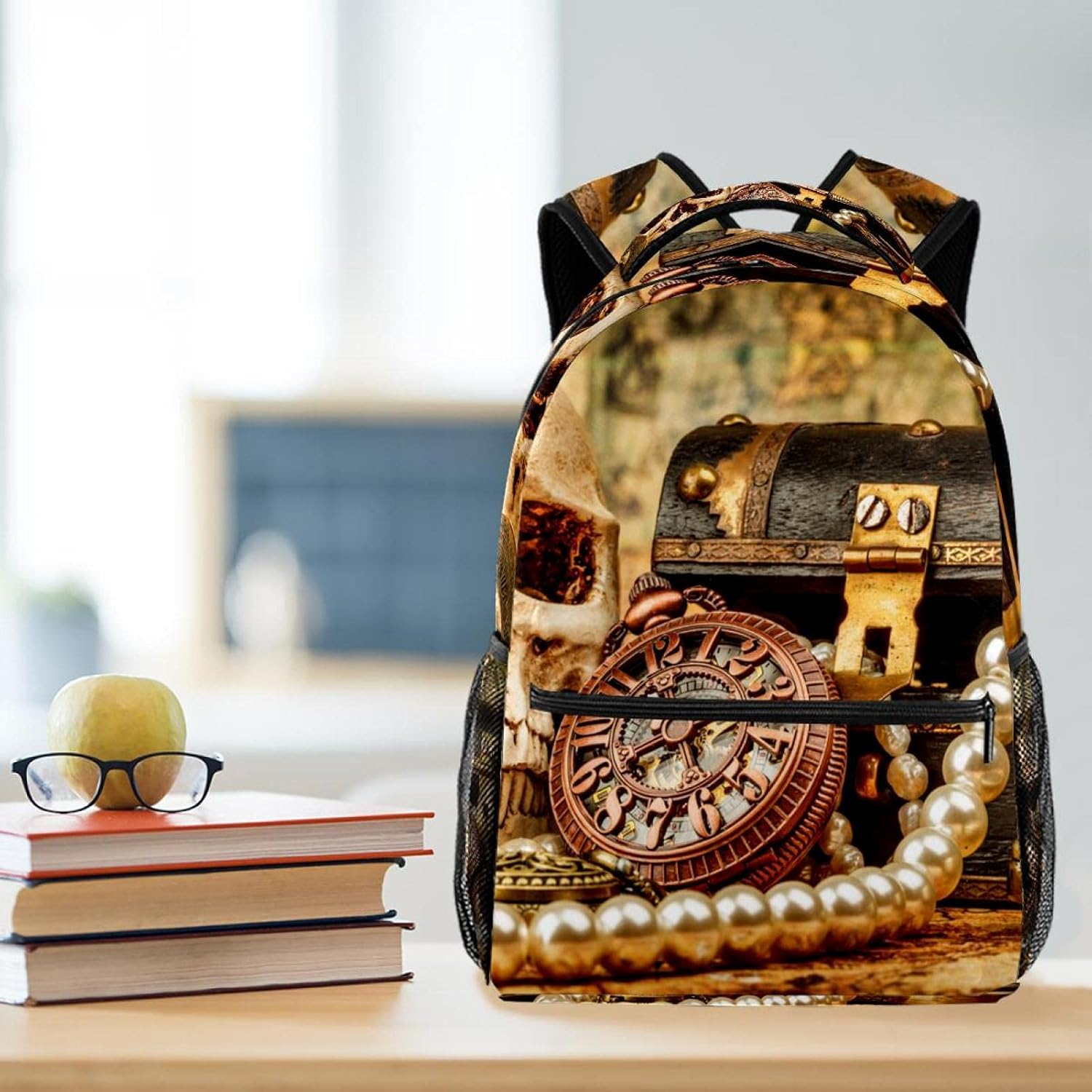 Compass Skull Treasure Backpack Students Shoulder Bags Travel Bag College School Tote Backpacks image number 3