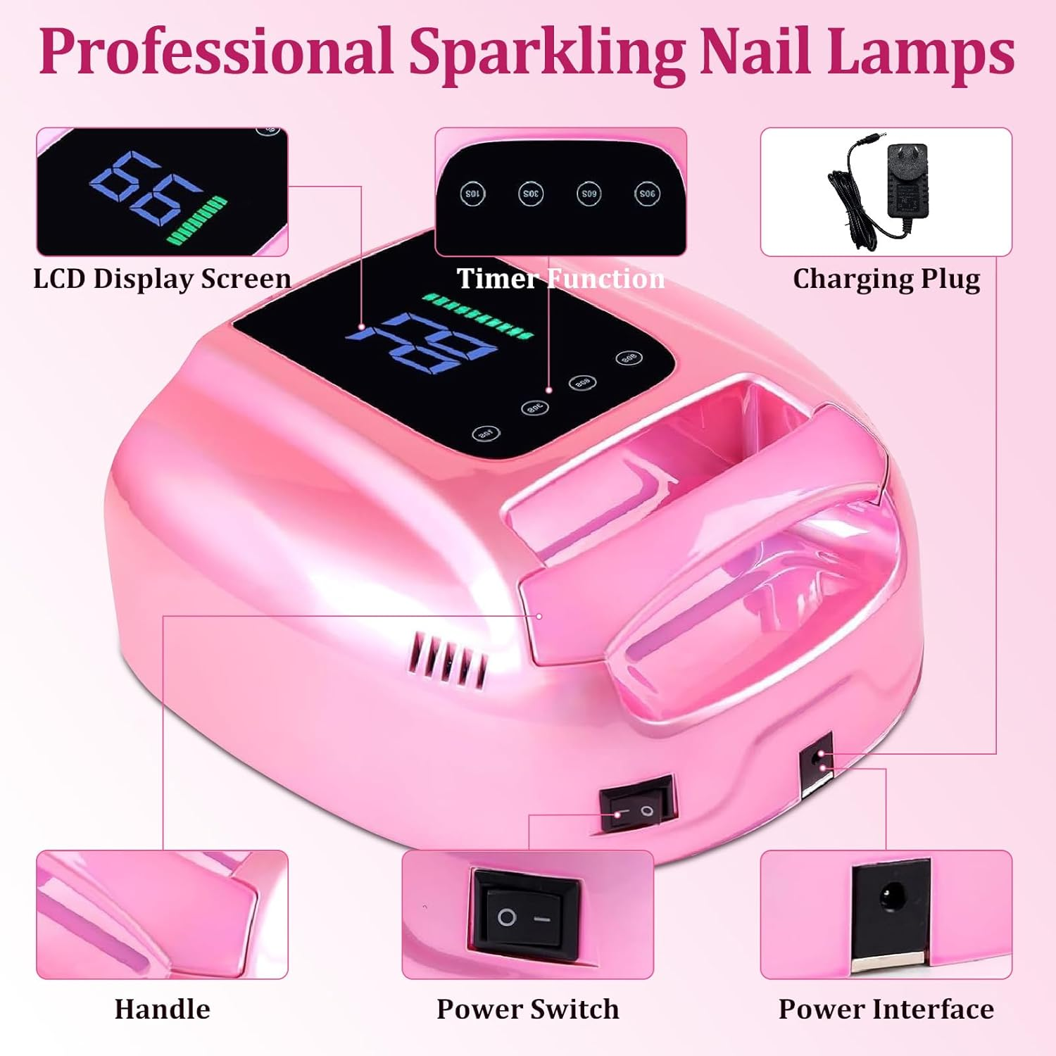 Bouzaak 96W Rechargeable Cordless UV LED Nail Lamp, Portable Nail Polish Curing Lamp with LCD Display Auto Sensor, 4 Timer Setting and Smart Sensor Nail Dryer (Pink) image number 1