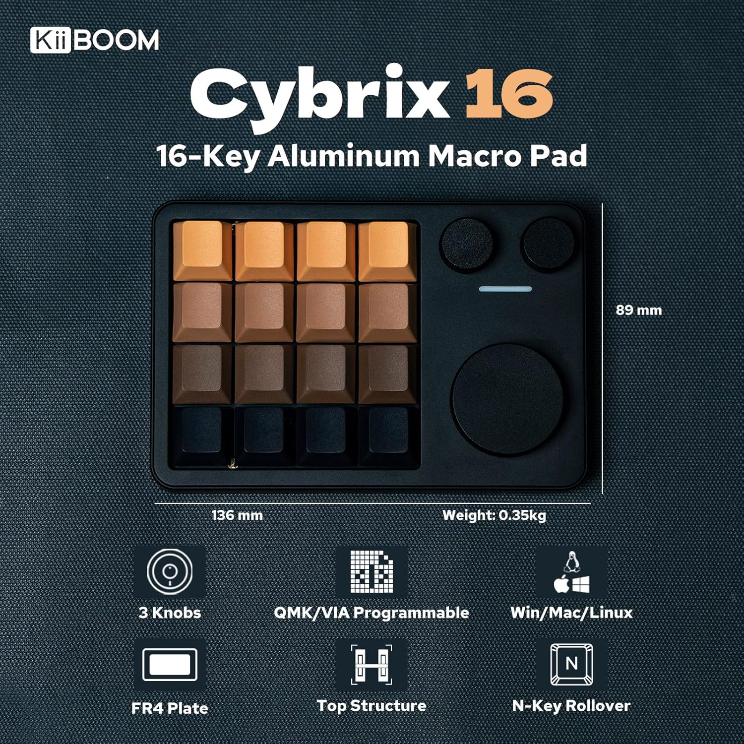 Kiiboom Cybrix 16 via Programmable Macro Pad - 16 Keys + 3 Knobs, Type-C Wired Aluminum Numpad, Hot-Swappable PCB, RGB Backlight, Lightweight & Portable Numeric Keypad for Windows & Mac (Black) image number 5
