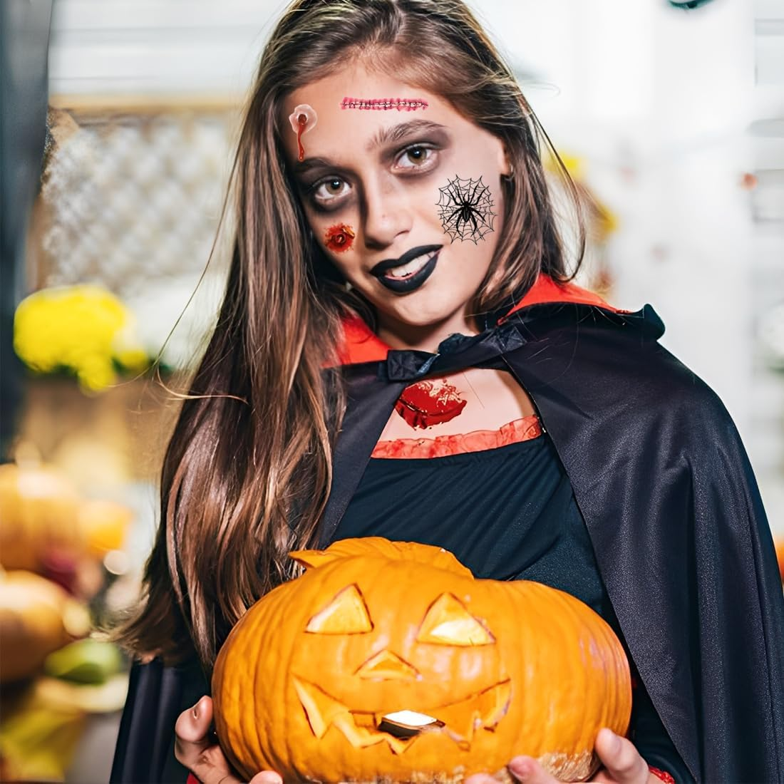 ZORVYN 20 Sheets Halloween Tattoos, Scary Face Stickers, Vampire Zombie Devil Accessories, Scars Wounds Bat Face Tattoo, Adults Children Costume Accessories Motifs image number 3