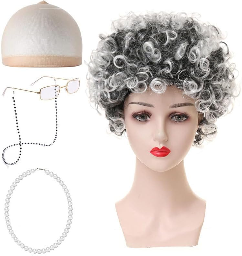 Old Lady Cosplay Set, Grey Granny Wig Curls Necklace and Fake Eyeglasses Set,Halloween Masquerade Party Witch Decoration 100 Days of School Event image number 3