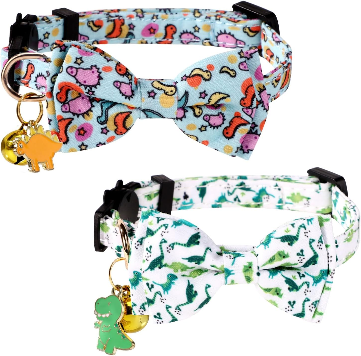 2Pcs Dinosaur Patterned Cat Collar, Cat Collar with Bell Adjustable Dinosaur Cat Collars Bowtie Cat Collar Fancy Cat Collar for Male and Female Cats image number 1