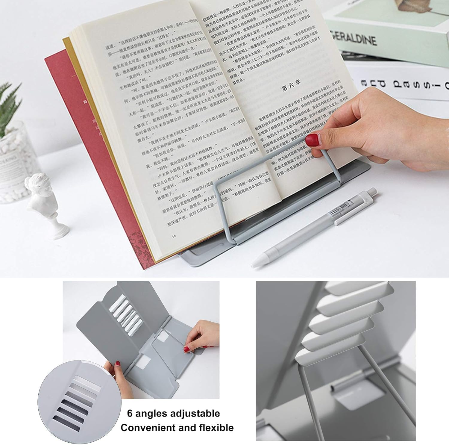 Desk Book Stand Metal Reading Rest Book Holder Angle Adjustable Stand Document Holder Portable Sturdy Lightweight Bookstands-Textbooks Tablet Music Books Cook Recipe (Grey) image number 6