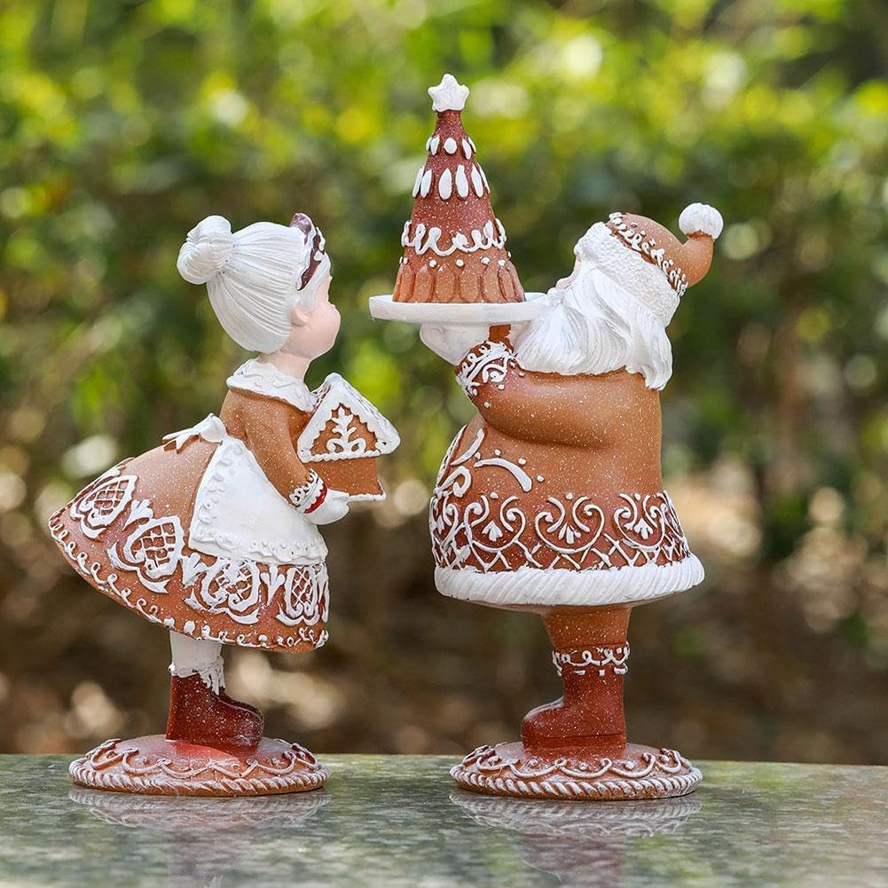 New Gingerbread Santa Couple Statue, Resin Christmas Figurines Decoration, Brown