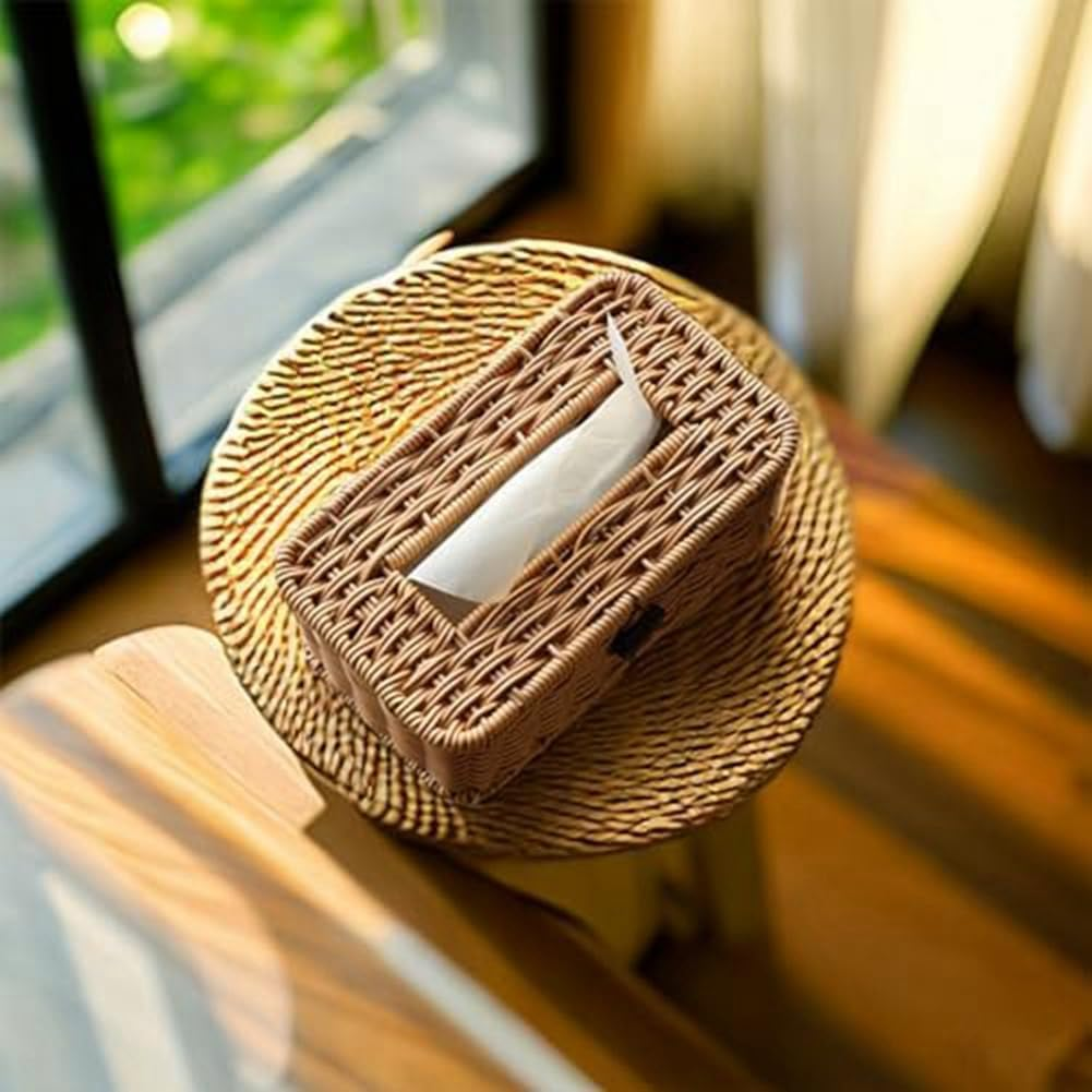 Elqater Rattan Rectangular Tissue Box Cover - Boho Decorative Woven Tissue Holder,Vintage Farmhouse Tissue Dispenser for Home Easy to Use image number 2