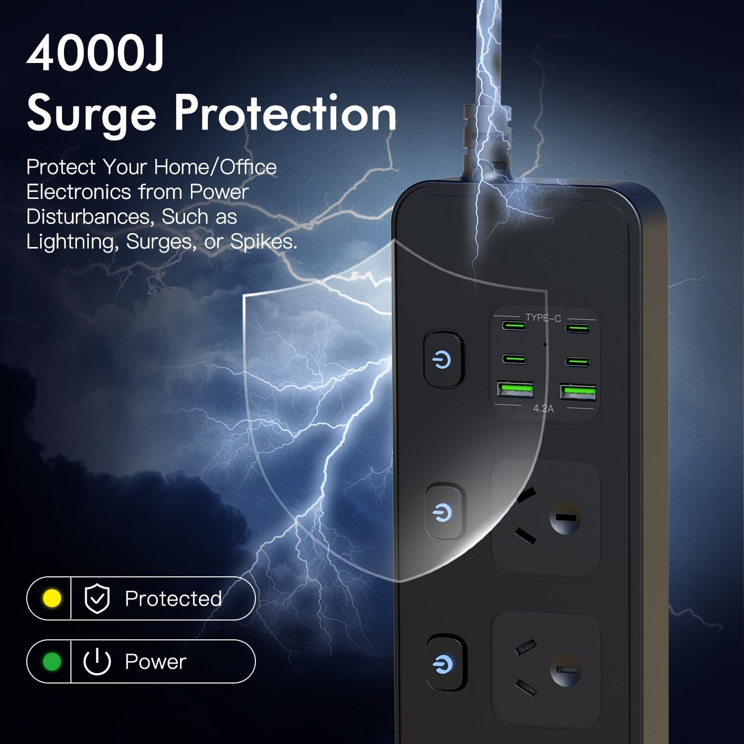 BOCHLION Power Strip with Independent Switch, Surge Protector Power Strip with 6 USB Ports, 1.8 Meter Extension Power Strip, Suitable for Wall Mounting in Home Office. (Black)