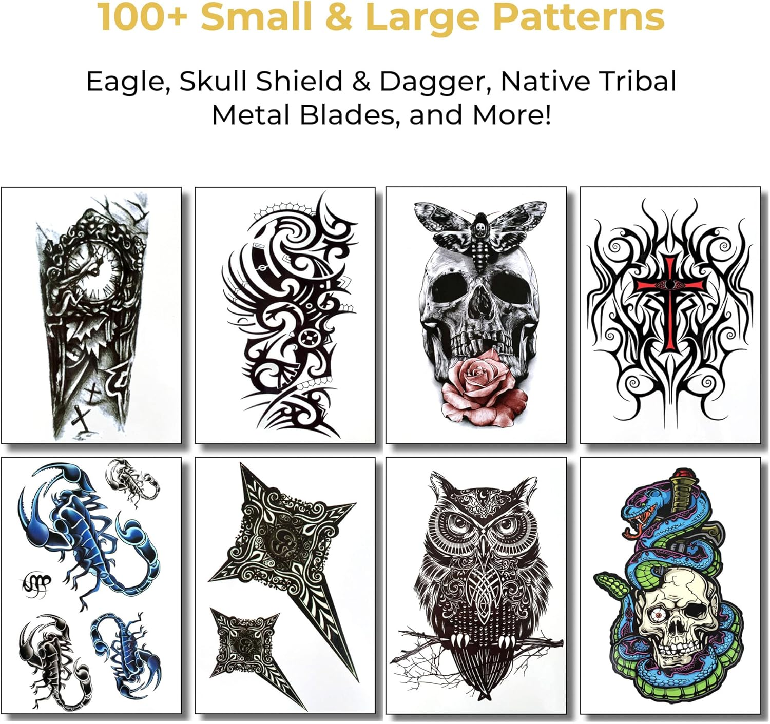Temporary Tattoos for Men Guys Boys & Teens - Fake Half Arm Tattoos Sleeves for Arms Shoulders Chest Back Legs Cross Skull Owl Clock Scorpion Rose Realistic Waterproof Transfers 8 Sheets 8X6"