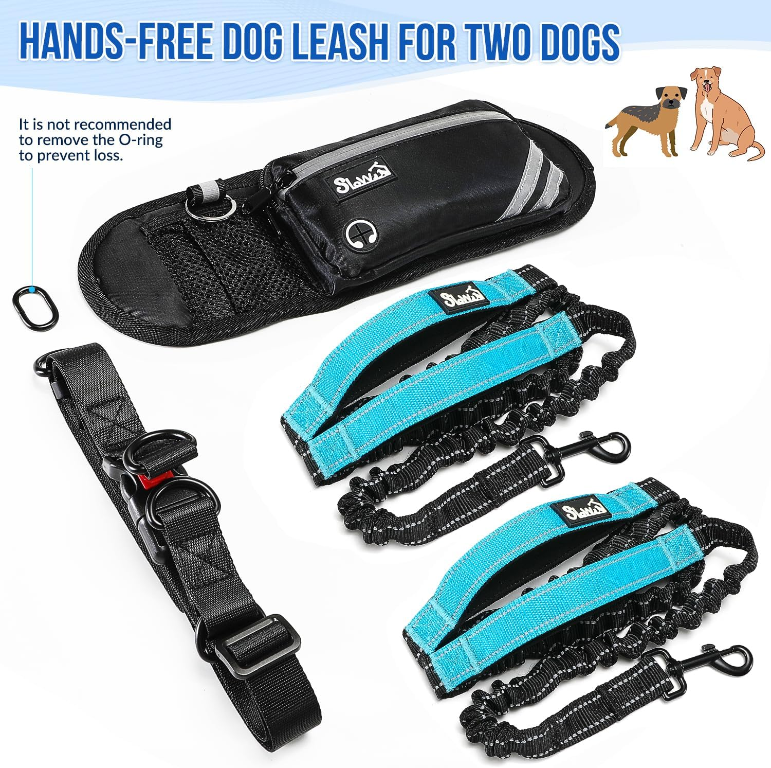 Slowton Hands Free Dog Leash with Removable Zipper Pouch, Shock Absorbing Bungee Leash, Dual Handle and Reflective Stitches, Wide Padded Adjustable Waist Leash for Dogs Training Running Jogging image number 6