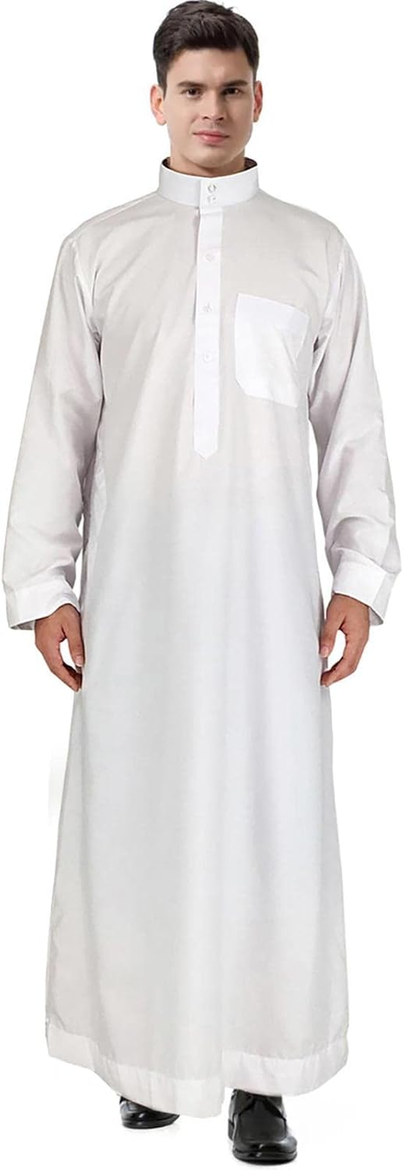 Men'Clothing Thobe - Men'S Casual Solid Saudi Arabic Thobe,Crew Stand Collar Kaftan Robe with Button for Beach,
