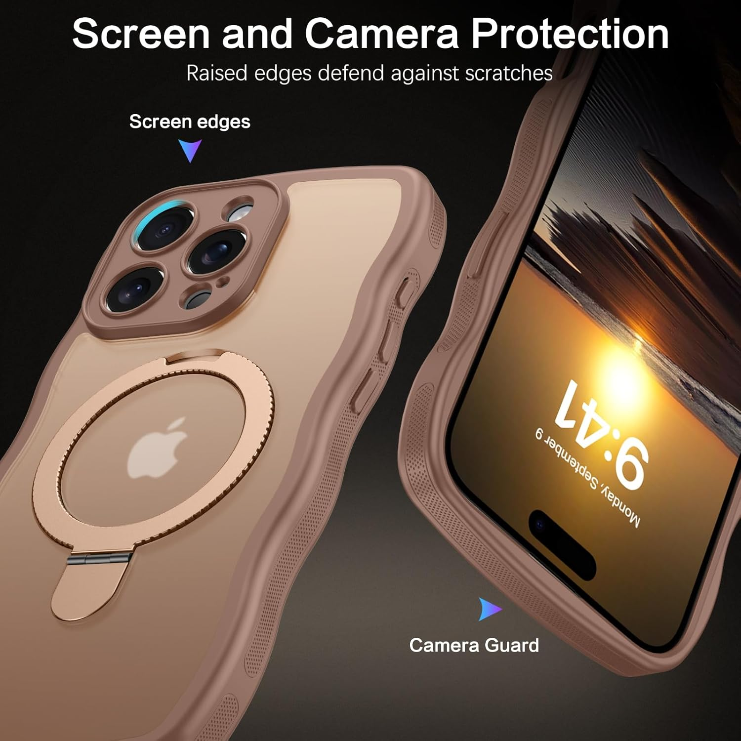 Gaobao Magnetic for Iphone 16 Pro Case, [Compatible with Mag Safe], Cute Curly Wave Frame Matte Back Protective Phone Case Cover with Invisible Kickstand for Iphone 16 Pro 6.3'', Desert Titanium Gold image number 1