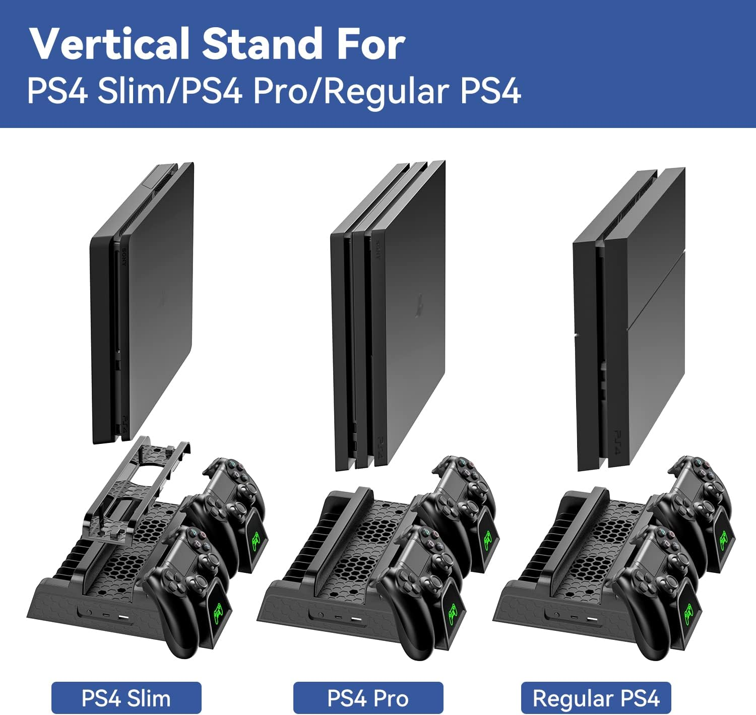 OIVO PS4 Cooling Stand for Playstation 4/PS4 Slim/Ps4 Pro, PS4 Stand with PS4 Controller Charger, PS4 Vertical Stand with Cooling Fan Cooler and 12 Game Slots, PS4 Cooling Station with LED Indicators