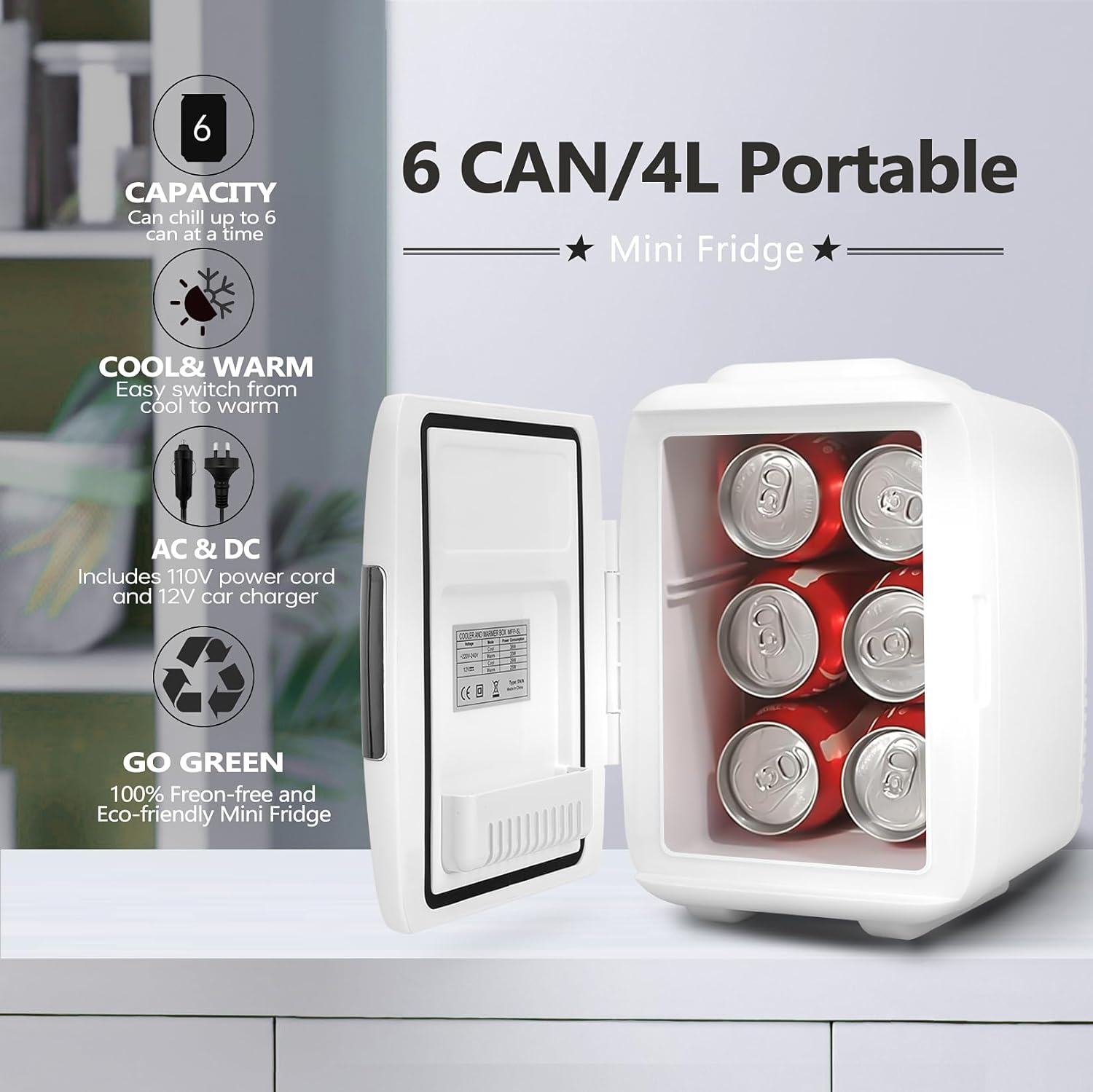 Mini Fridge Car Refrigerators 4L 6 Can, Wuciray Portable Car Fridge with Cooler and Warmer, Beauty Skincare Cosmetic Compact Refrigerator Personal Cooler with AC/DC Power Cord image number 5