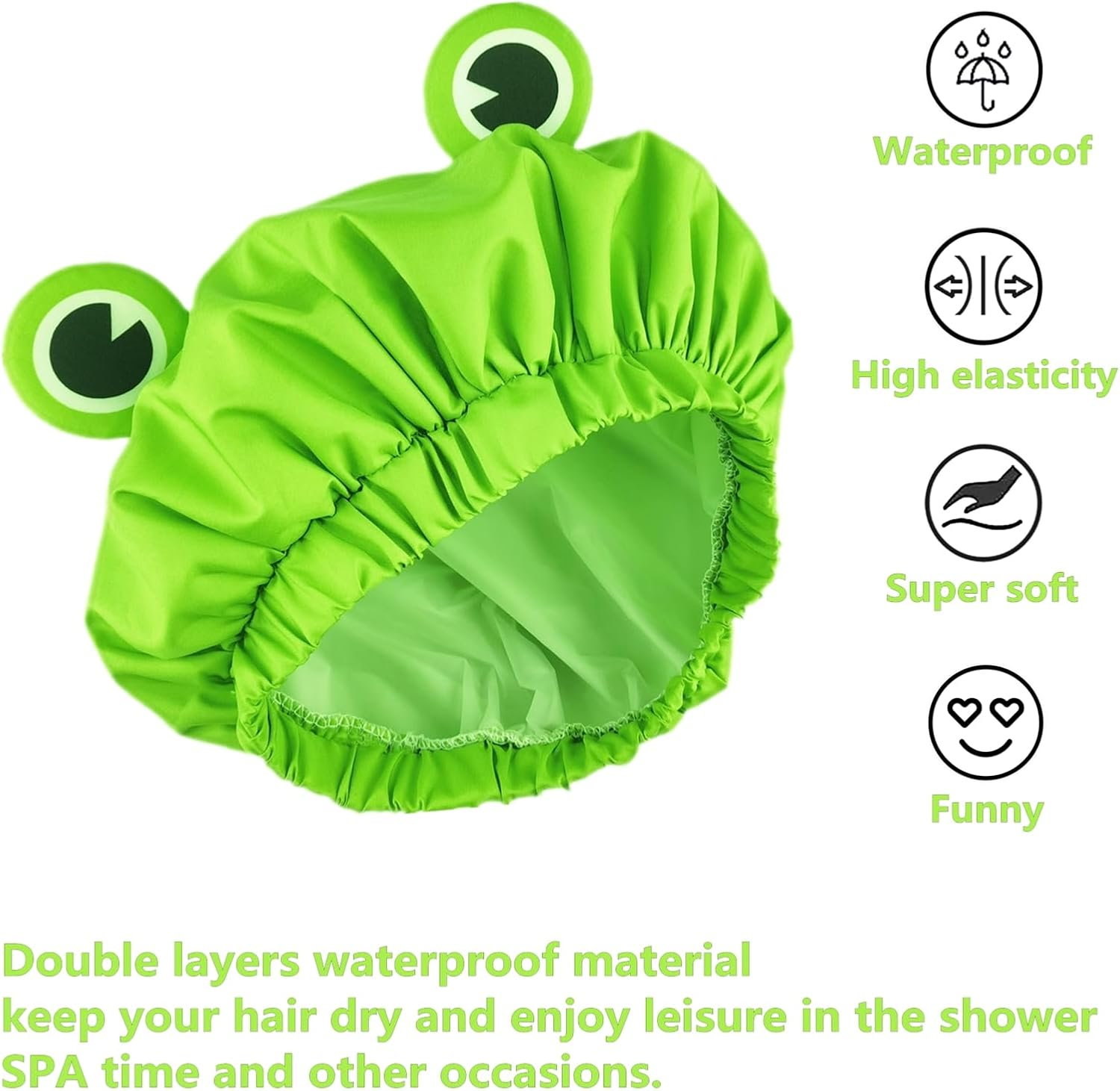 Lamame Shower Cap, Waterproof Reusable Double Layers Bath Cap Elastic Band Hair Cap Green Frog Shower Cap for Women Ladies Spa Salon, Small image number 6