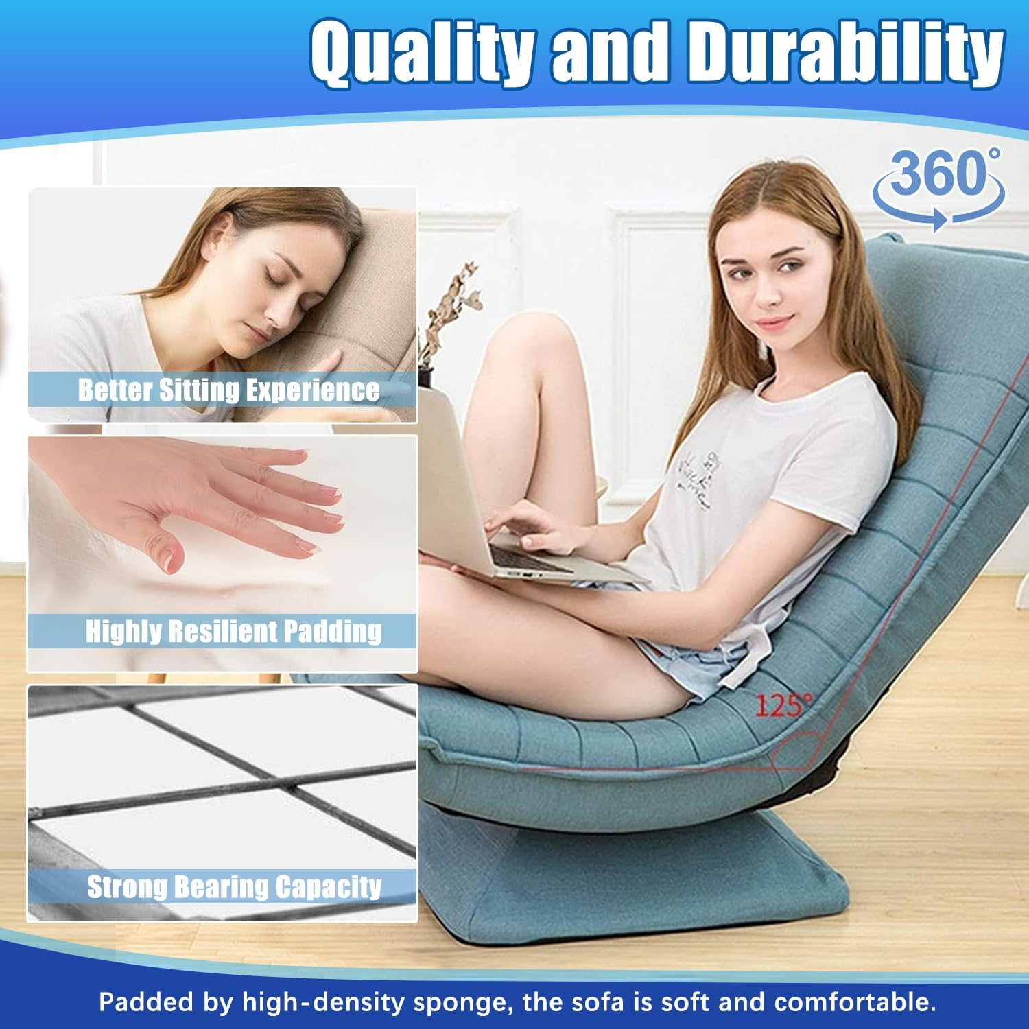 LIODUX Swivel Floor Chair, 5-Position Adjustable Folding Lazy Sofa Lounger Bed, Folding Floor Chair with Adjustable Backrest, for Home & Living Room, Chaise Lounge for Teens Adults (Coffee) - Coffee image number 6