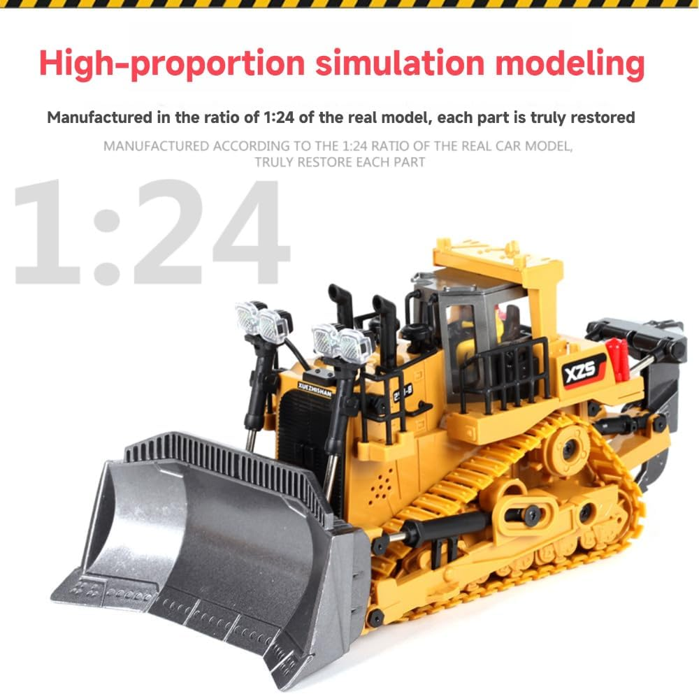 TOYVIBE 1:24 Scale Alloy Remote Control Bulldozer - 2.4Ghz 9-Channel RC Construction Vehicle with Multi-Terrain Tires, Realistic Lights & Sound, Long Range Control for Adults/Kids (Yellow) image number 3