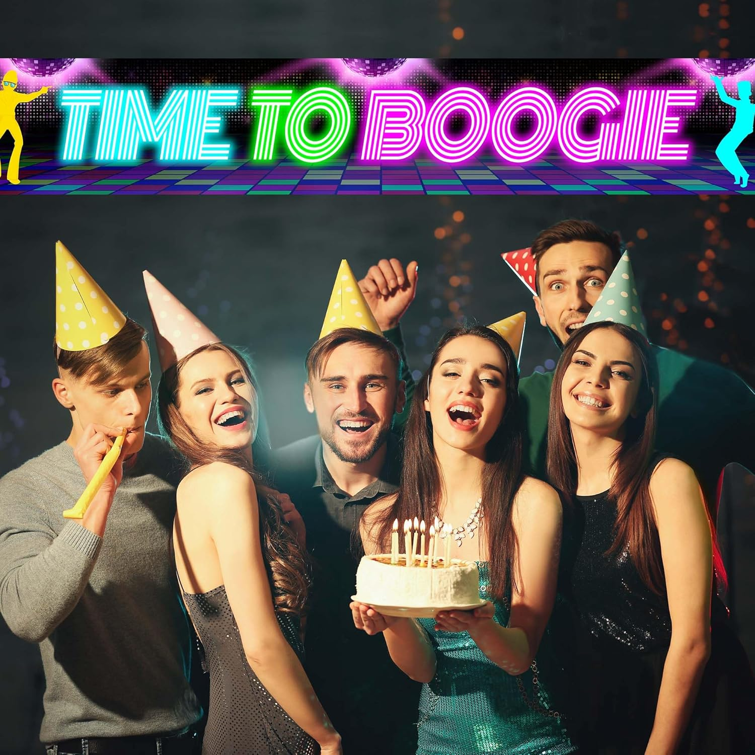 Disco Party Banner Backdrop Time to Boogie 70S 80S Neon Retro Dancing Night Theme Wall Yard Decor for Disco Fanatics Birthday Party Let'S Glow Crazy Prom Favors Decorations Supplies 118X20In-Beckten image number 4