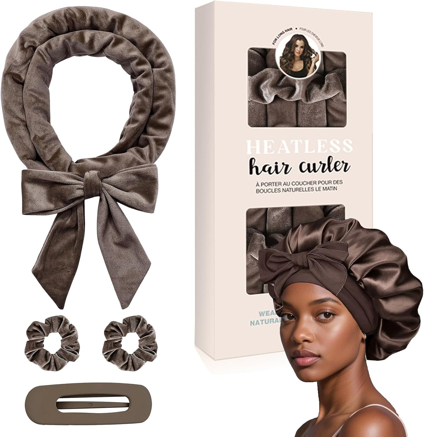 Velvet Heatless Curls Headband, No Smell, Hair Curlers to Sleep In, for Long and Medium Hair (BROWN, 1 Count) image number 5