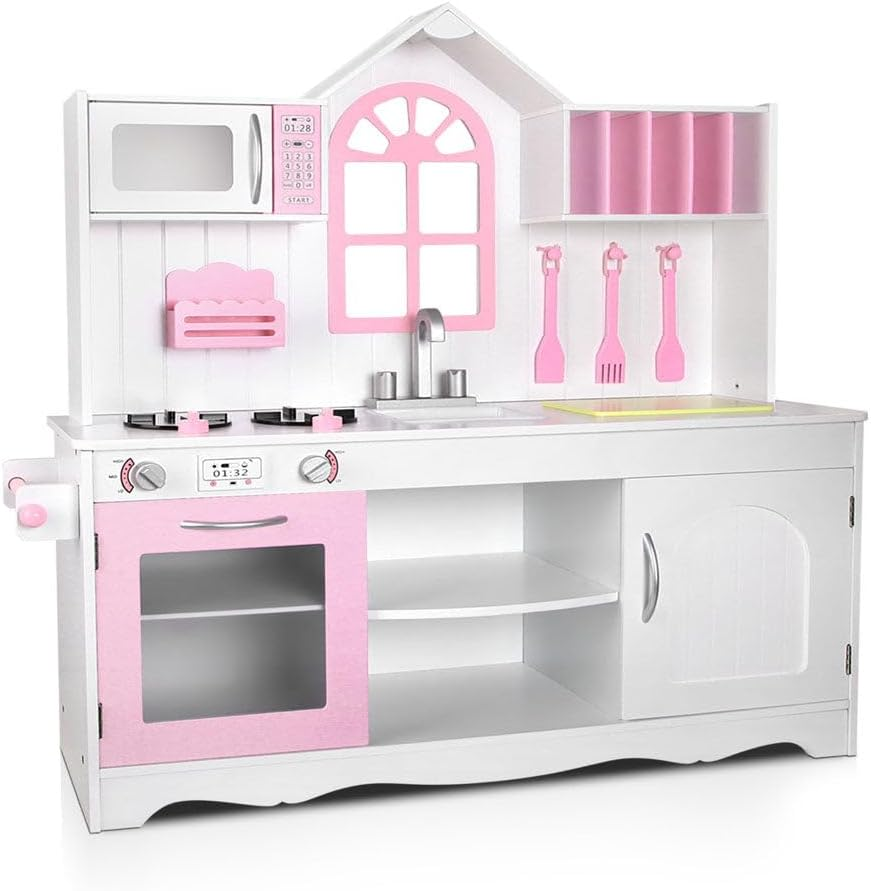 Keezi Kids Kitchen Set 12 in 1 Pretend Play Food Playset Wooden Toys Mud Kitchens Children Cooking Cookware Sets Toy Home Cubby House Furniture for Boys Girls, Ample Storage Space Pink White image number 3