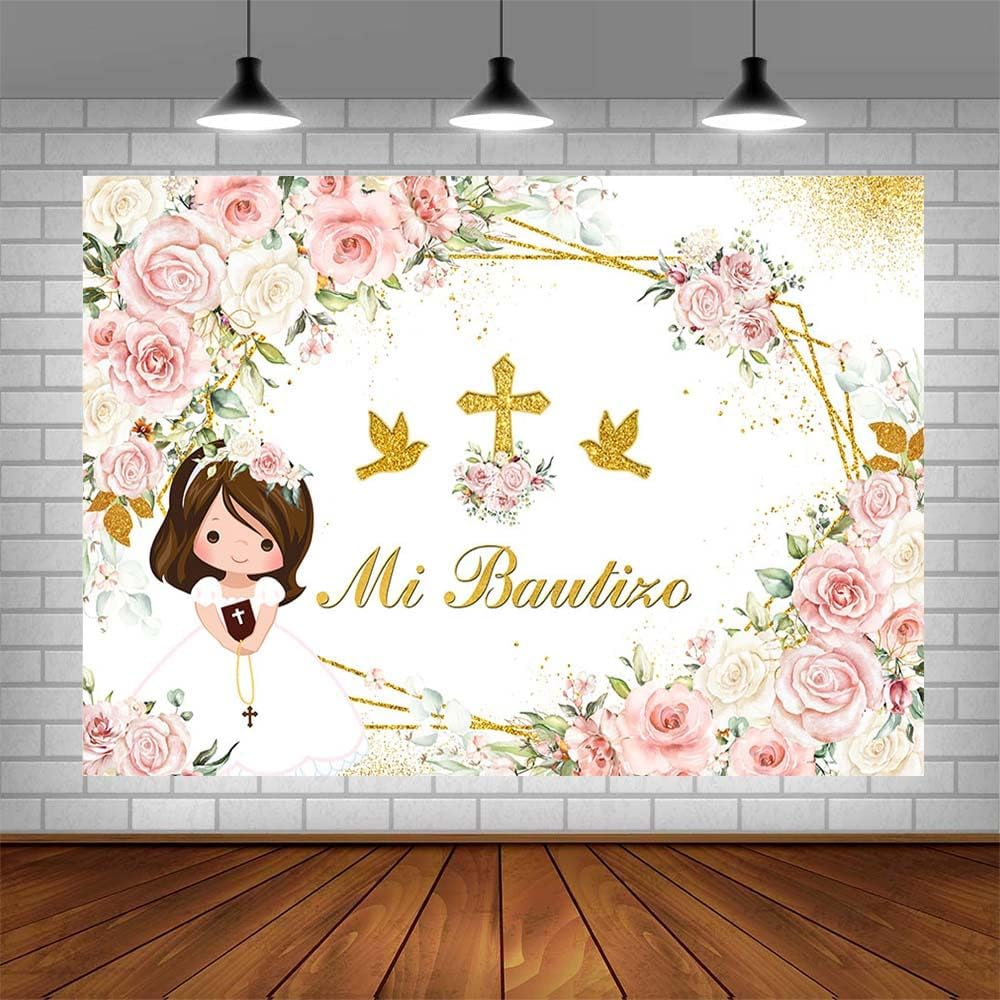 AIBIIN Mi Bautizo Backdrop Boho Baptism God Blessing Communion Party Decoration Girl Pink White Flowers Gold Dove Holy Cross Newborn Baby Shower Photo Booth Props 7X5Ft image number 1