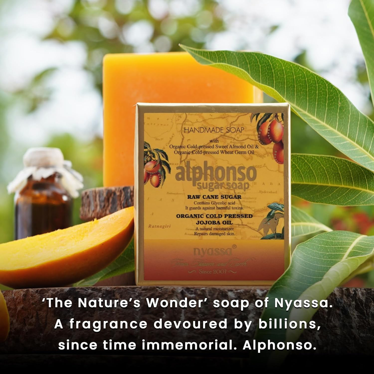 Nyassa Alphonso Handmade Sugar Soap with a Subtle Delectable Fragrance and Natural Ingredients Mango Leaf Extract, Raw Cane Sugar and Mango Butter. (150Gm)