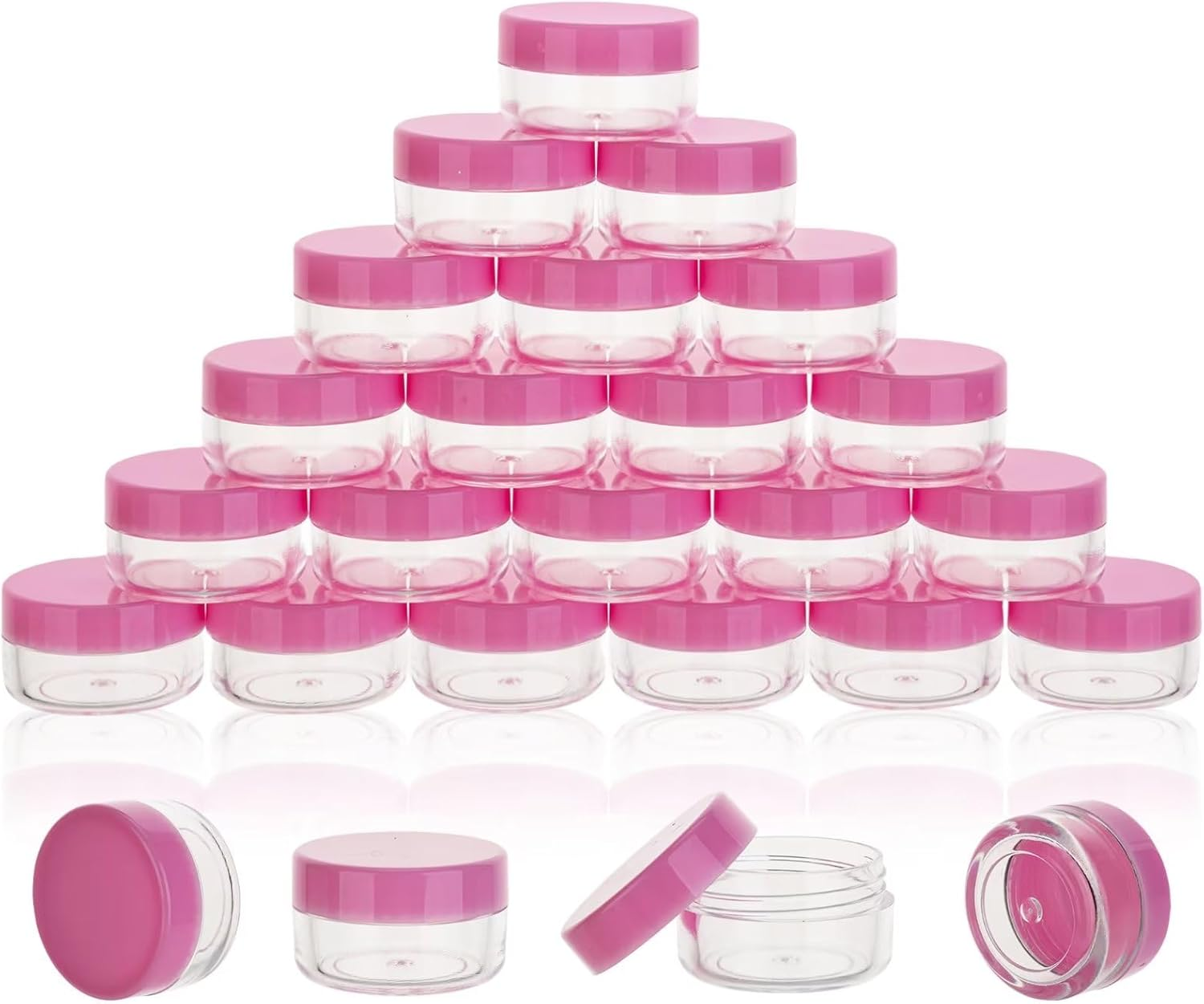 50 Count 5 Gram Sample Containers, Clear Lip Balm Containers with Lids, Small Plastic Sample Jars with 4 Mini Spoons, 50Pcs Labels (Black Lid)