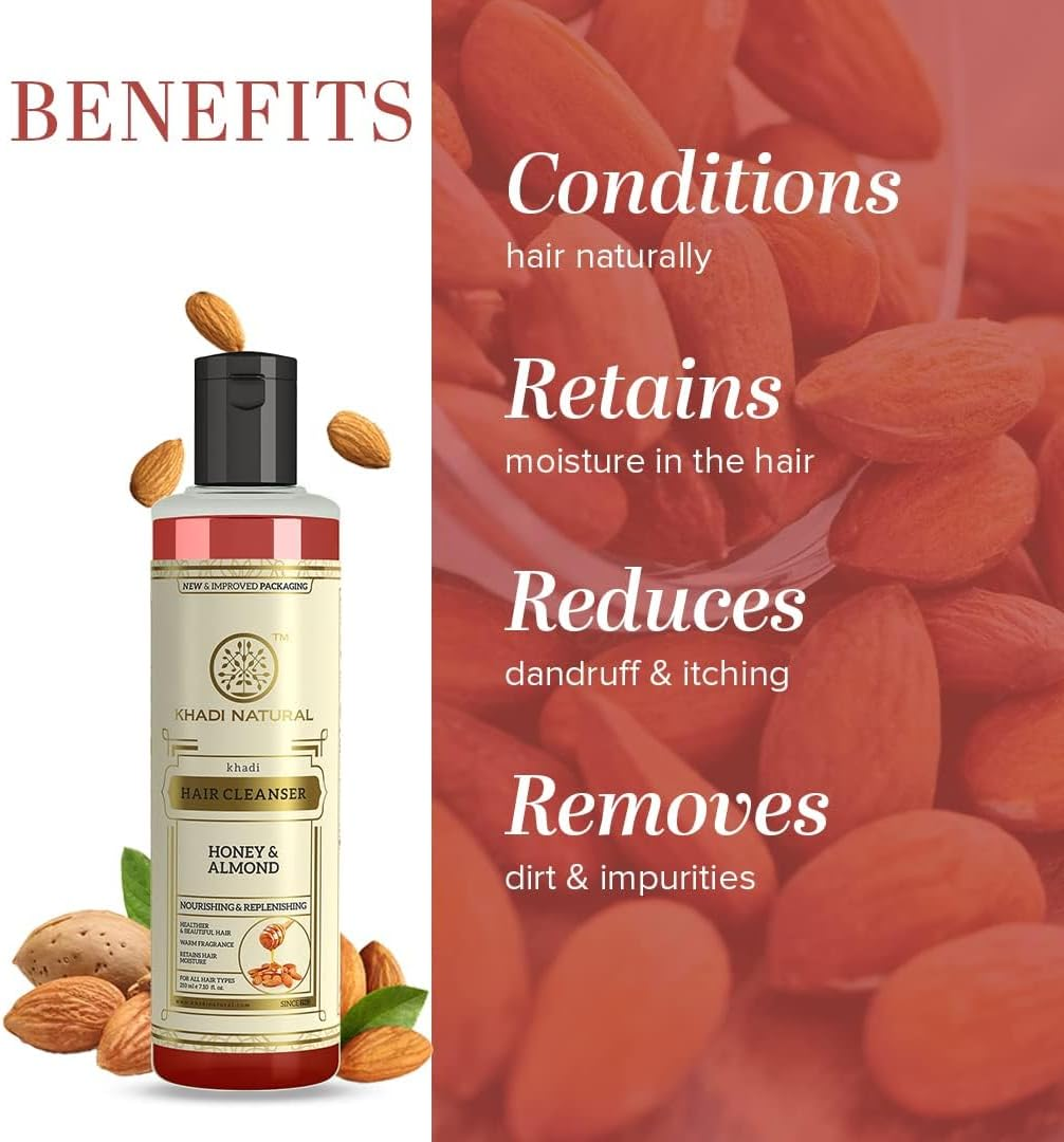 Green Velly Indian Khadi Natural Honey & Almond Hair Shampoo for Controlling Hair Fall |Natural Shampoo for Healthy & Shiny Hair |Suitable for All Hair Types, 210Ml image number 2