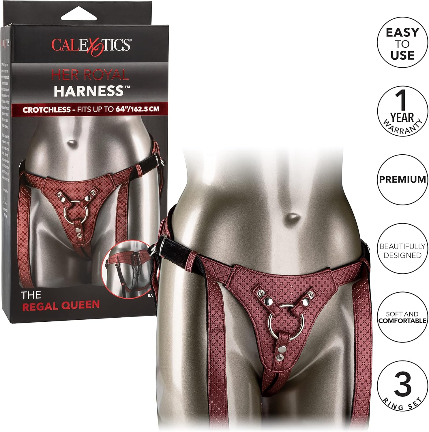 Calexotics Her Royal Harness the Regal Queen - Adjustable Designer BDSM Probe Strap on Thong Harness - Sex Toy Lingerie for Couples and Women - Red, 1 Count