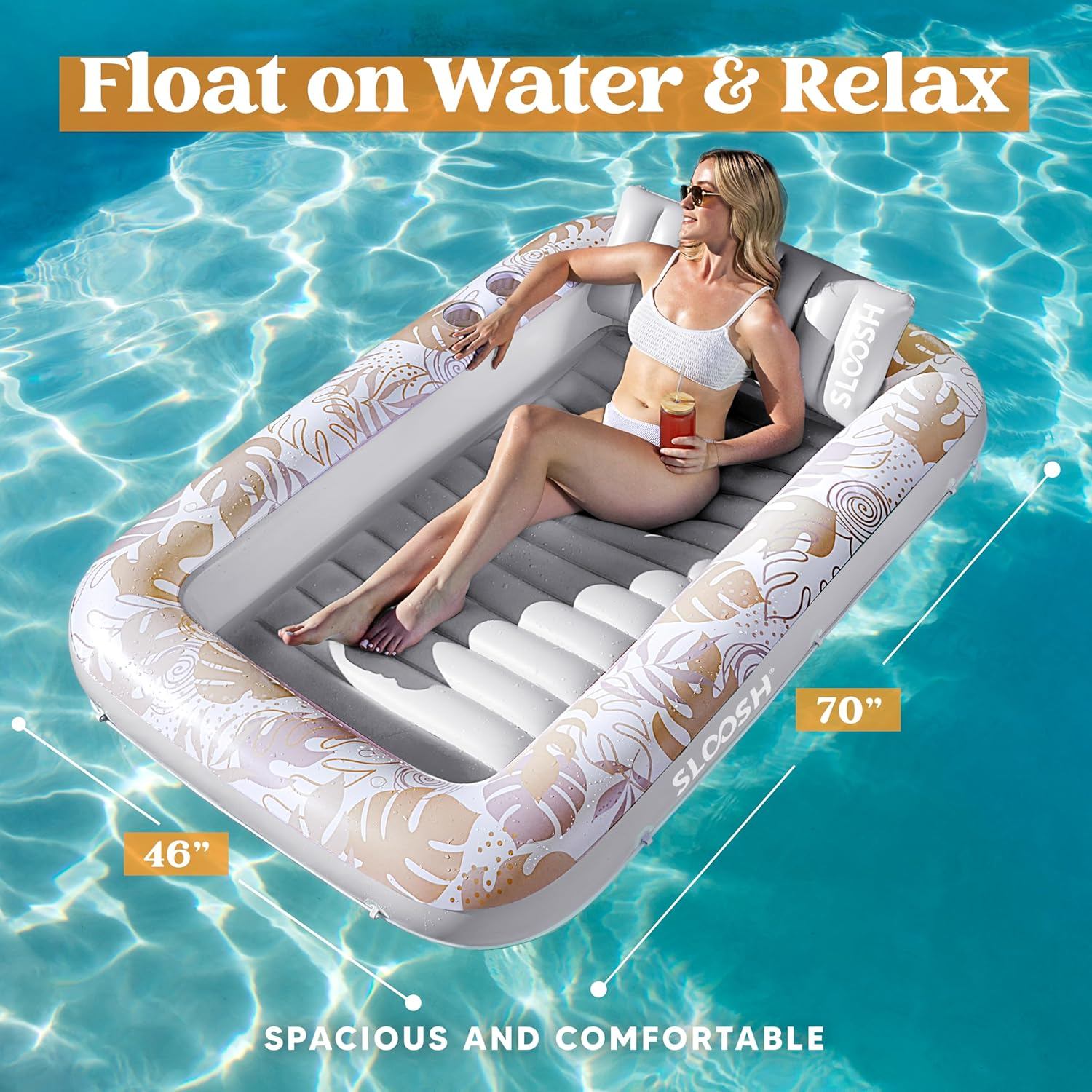 SLOOSH Inflatable Tanning Pool Lounger Float, 70" X 46" Pool Floats Adult with Pillow, 4 in 1 Suntan Tub Raft Floatie,Sunbathing Bed Lounge for Water Blow up Kids Ball Pit Party Gifts, L-Champagne image number 7
