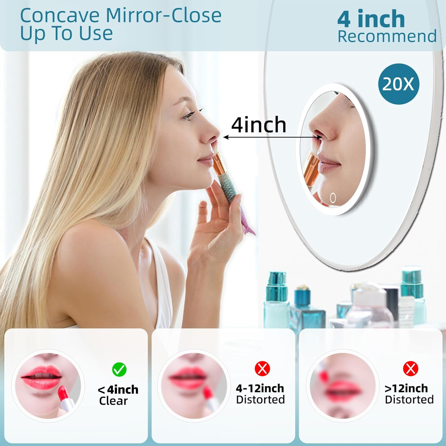 20X Magnifying Mirror with Light, Large 6Inch 20X Makeup Magnification, Travel Magnified Mirror with 3 Color Lights & Suction Cups, with Tweezers and Scissors - Perfect for Makeup & Close-Up Tasks