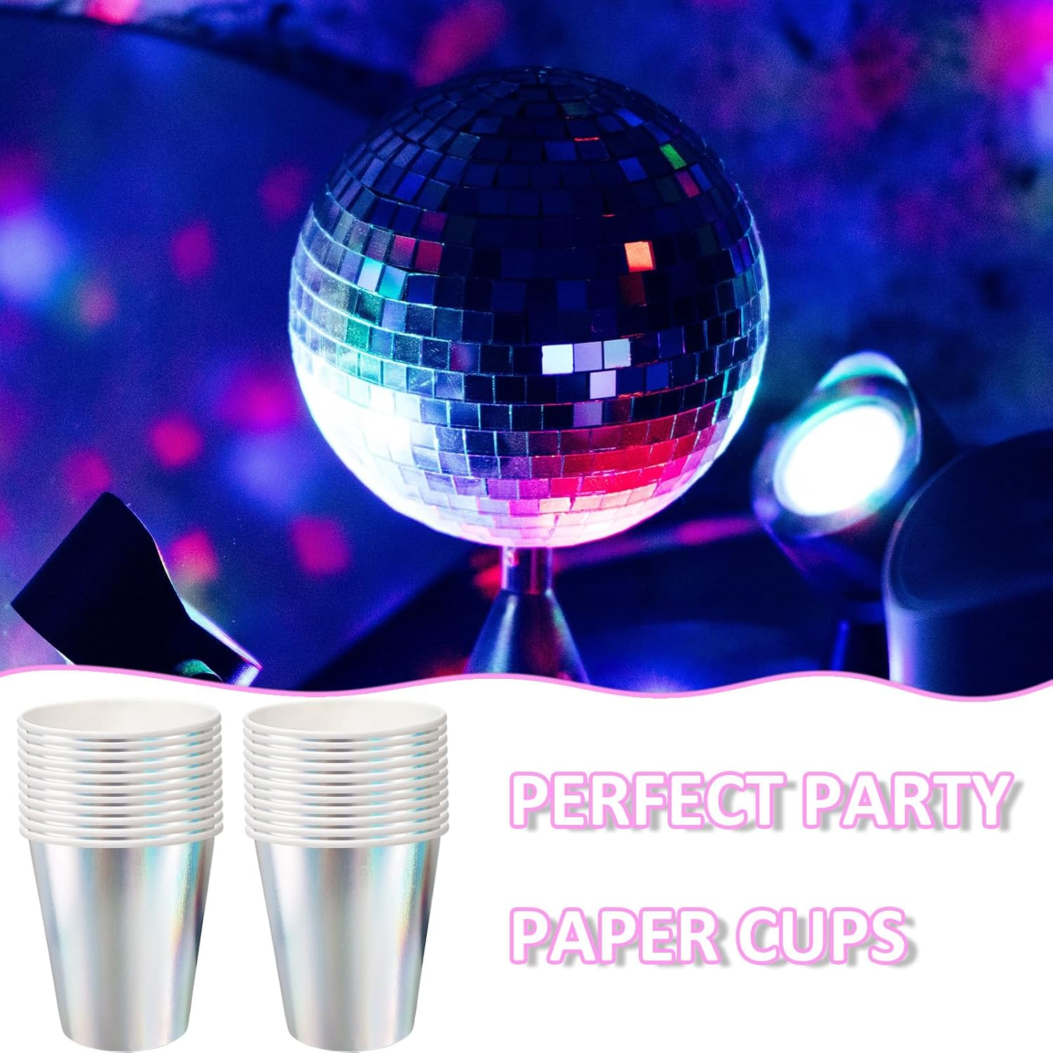 Eacitown 50 Pcs Iridescent Paper Cups Disco Party Cups Rainbow Silver Mermaid Unicorn Themed Birthday Party Supplies 9OZ image number 3