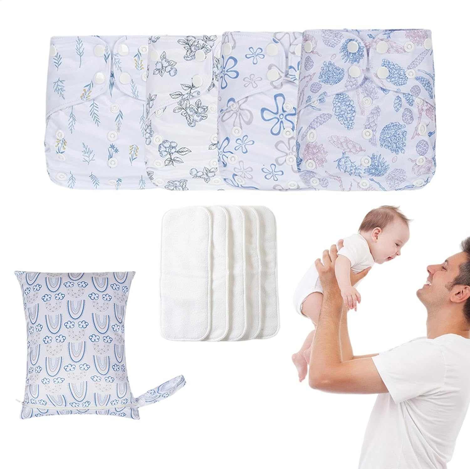 Qkbuza Cloth Diapers for Babies | Adjustable Washable Cloth Baby Diapers | 4X Absorbent & Breathable Liners, Waterproof Cover with 4 Inserts & 1 Wet Bag for Toddler Boys Girls image number 6