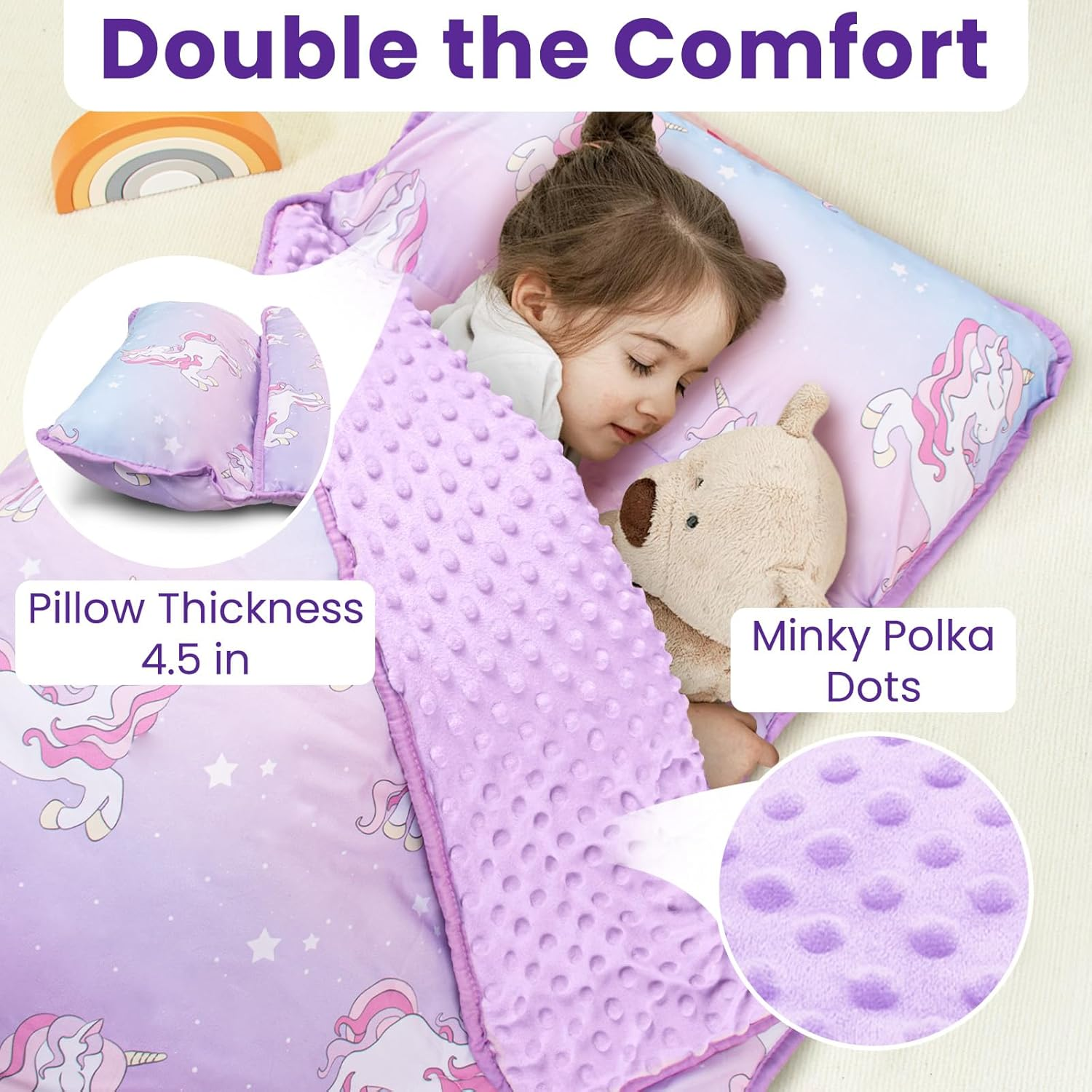 55"X22"X3" Nap Mat with Removable Pillow & Blanket, Kids Sleeping Bag with Reinforced Seams, Super Thick Padding Toddler Nap Mat for Daycare,Preschool,Kindergarten - Dinosaur image number 6