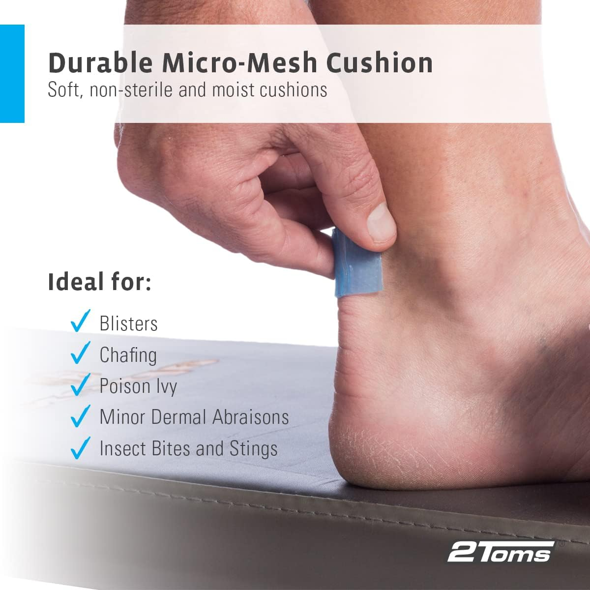 2Toms Skin-On-Skin Soothing Hydrogel Square Pads for Blister Protection and Skin Pain Relief, 200 Squares (1") image number 2