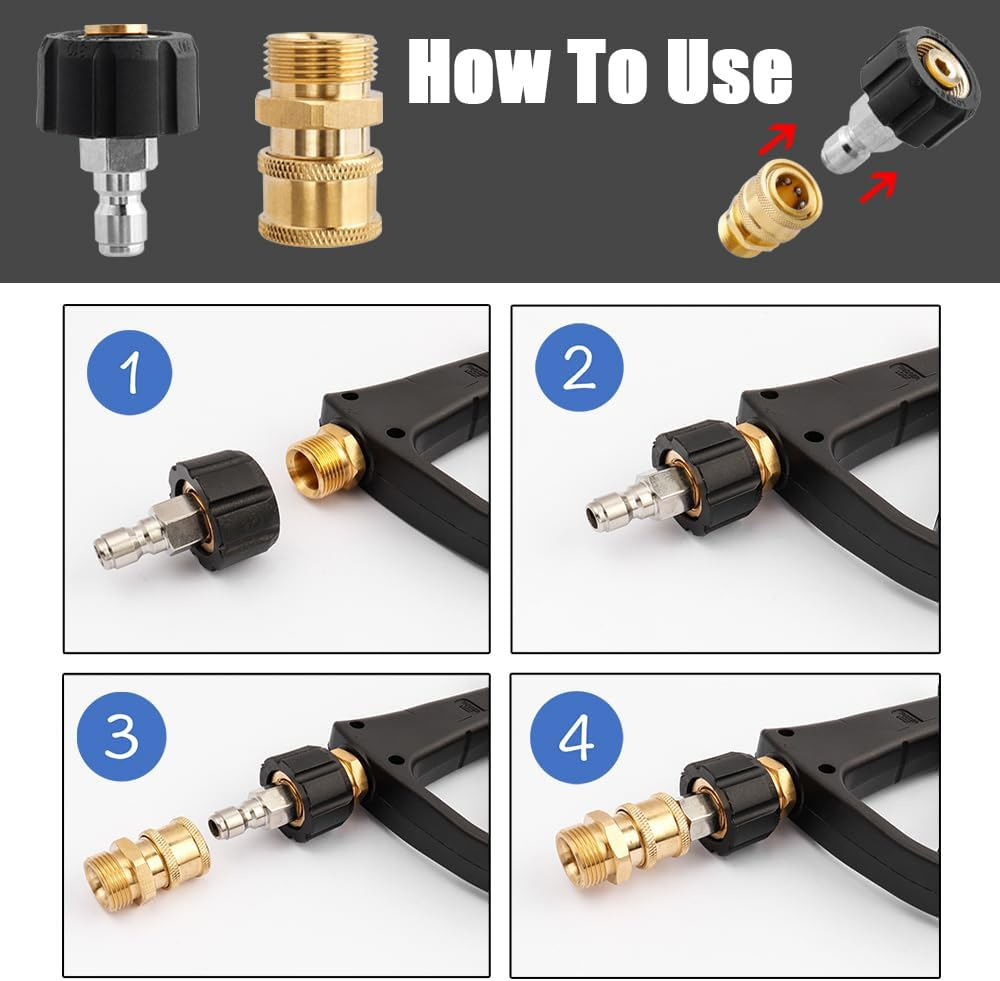 Yakamoz Pressure Washer Quick Connect Fittings, Quick Disconnect Kit, M22 Metric Male Tread Quick Connector, M22 Swivel to 1/4 Inch Quick Connect,4500Psi image number 3