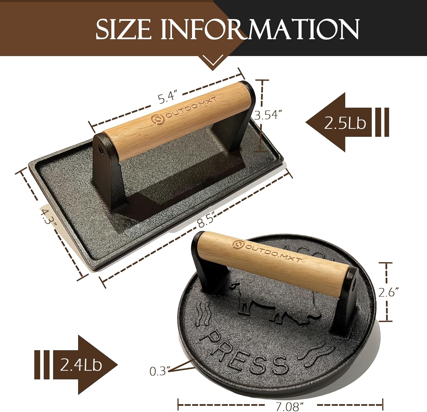 OUTDO.MXT Cast Iron 7" & 8.5" X 4.3" Smash Burger Press, Heavy Duty Burger Smasher with Wooden Handle and Silicone Protective Cover for Griddle,Grill Press for Hamburger, Bacon, Barbecue Grilling Tool image number 1